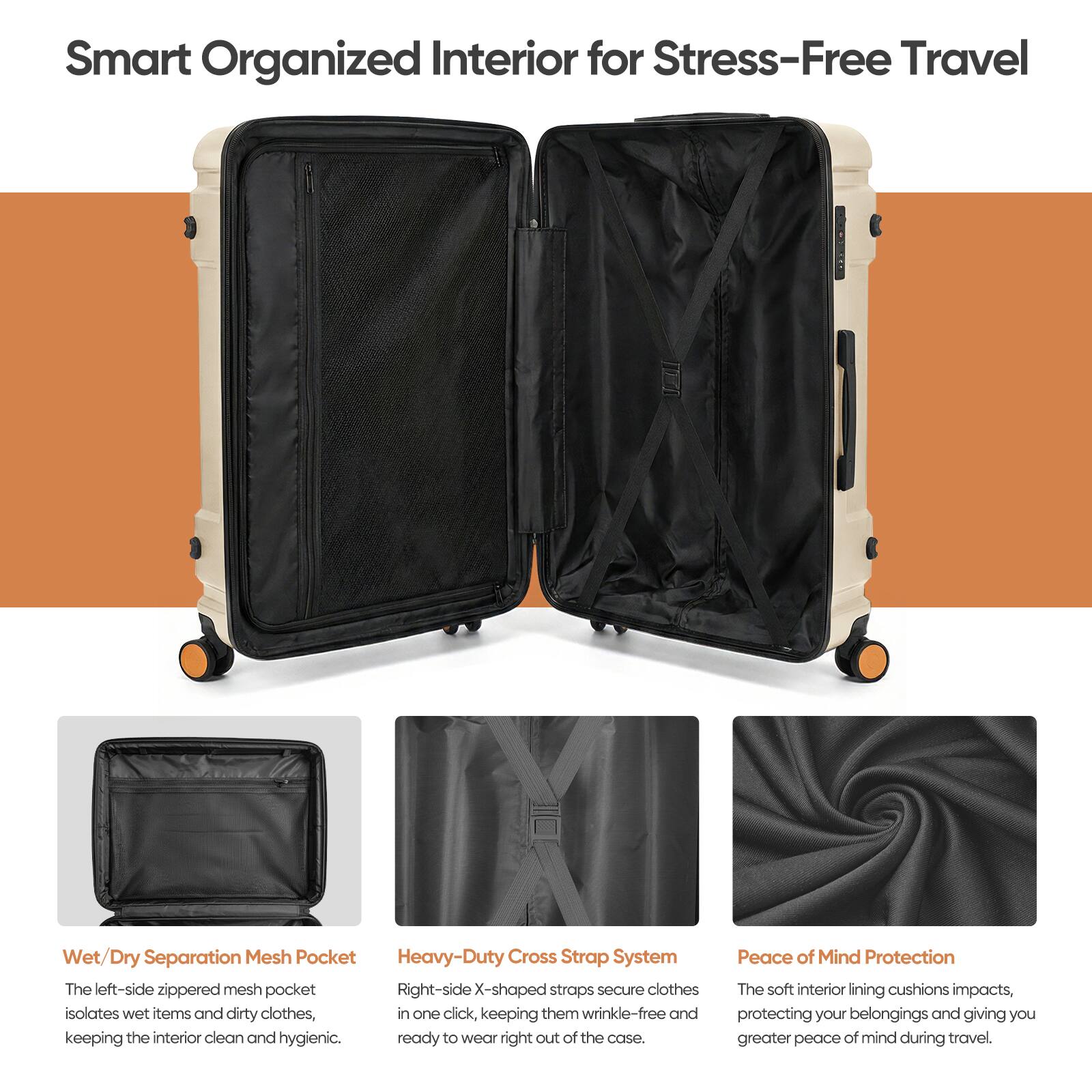 Smart Organized Interior for Stress-Free Travel

Wet/Dry Separation Mesh Pocket
The left-side zippered mesh pocket isolates wet items and dirty clothes, keeping the interior clean and hygienic.

Heavy-Duty Cross Strap System
Right-side X-shaped straps secure clothes in one click, keeping them wrinkle-free and ready to wear right out of the case.

Peace of Mind Protection
The soft interior lining cushions impacts, protecting your belongings and giving you greater peace of mind during travel.