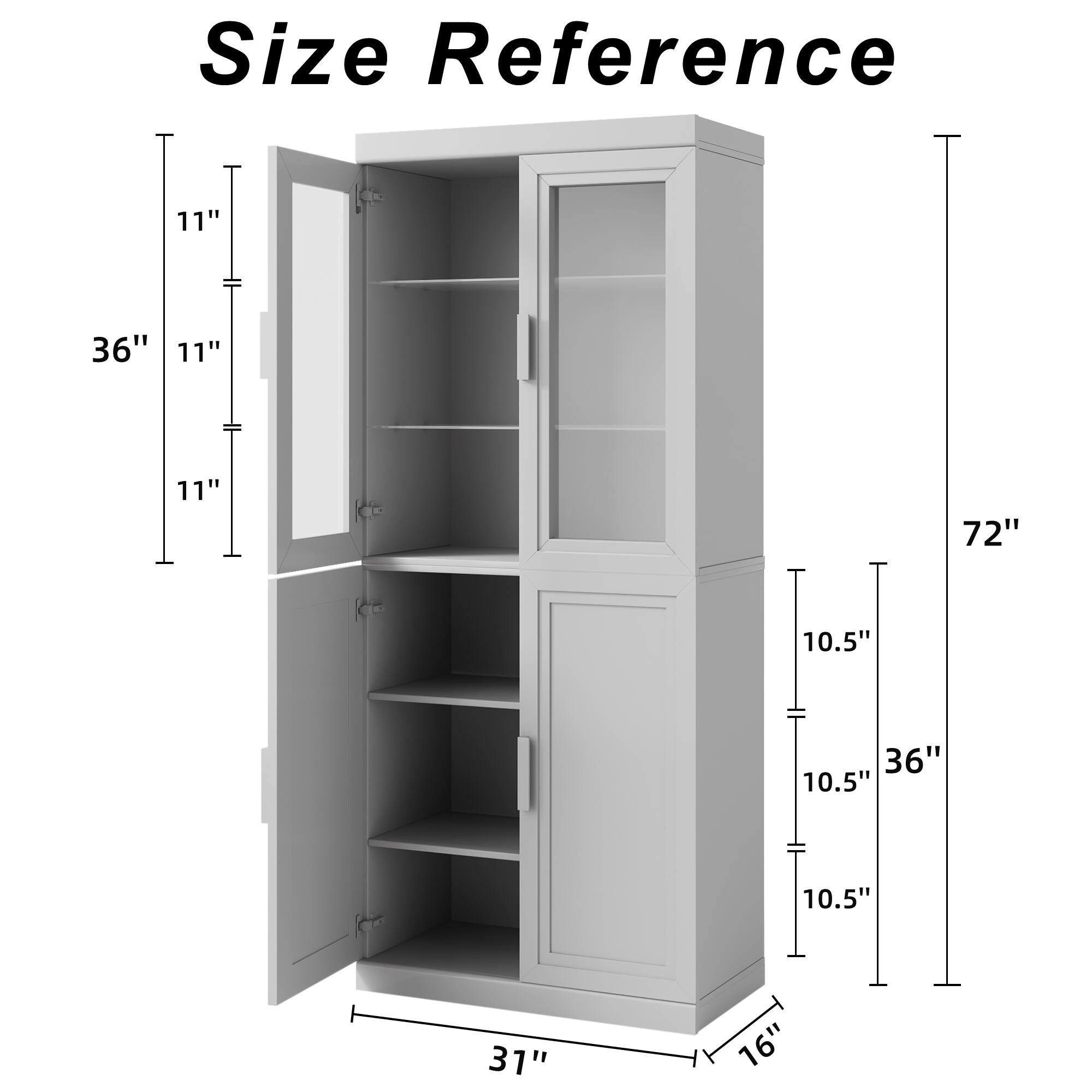 Size Reference

- Height: 72"
- Width: 31"
- Depth: 16"
- Door Height: 36"
- Door Width: 11"
- Shelf Height: 11"
- Shelf Depth: 10.5"
- Shelf Spacing: 10.5"
