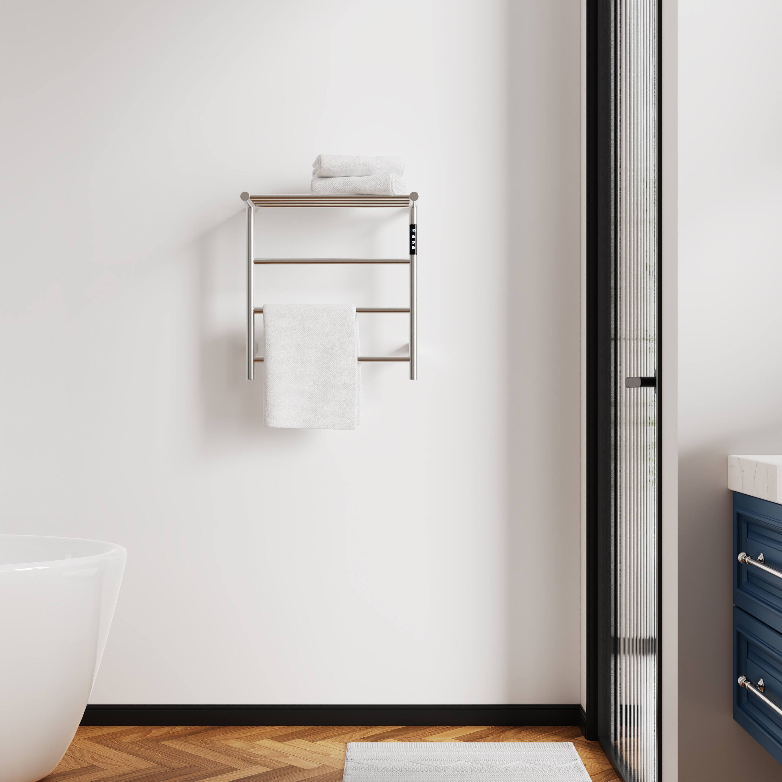 Alt View 1. COWLOWN - Heated Towel Rack w Top Shelf 3-Bar Wall Mounted Warmer Touch Timer 304 Stainless Steel Plug-in Hard-Wired - Stainless Steel Finish (Silver).
