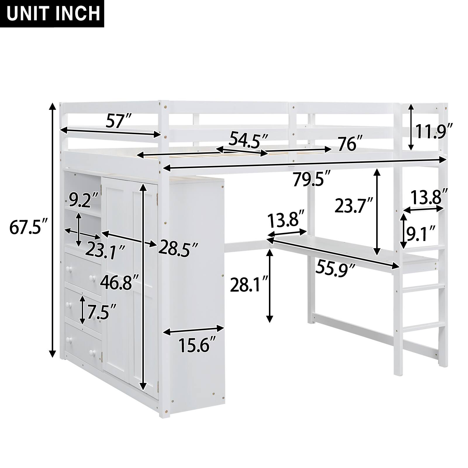 UNIT INCH

67.5"  
57"  
54.5"  
76"  
79.5"  
9.2"  
23.7"  
13.8"  
23.1"  
28.5"  
55.9"  
46.8"  
28.1"  
7.5"  
15.6"  
11.9"  
13.8"  
9.1"