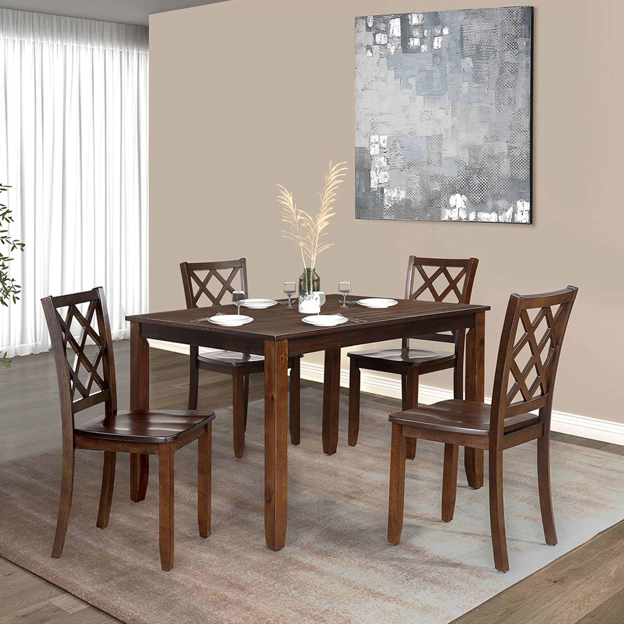Angle. Vaczon - 5Pc Dining Table Set Diamond Back Chairs, Solid Rubberwood Table and Chairs, Wood Dining Set for Kitchen and Dining Room - Dark Cherry.