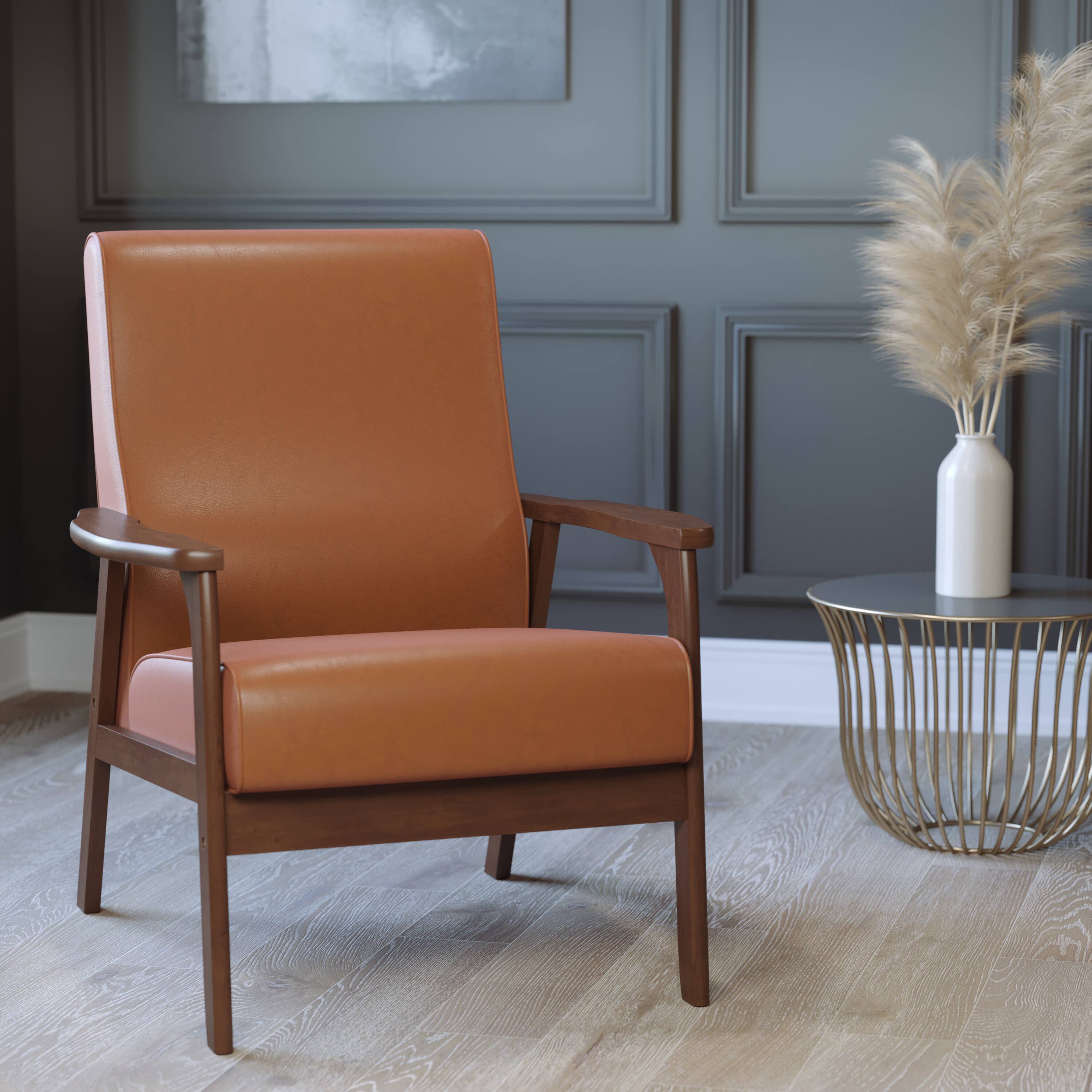 Alt View 4. Emma + Oliver - Langmore Upholstered Mid-Century Modern Arm Chair with Wood Frame - Cognac Faux Leather.