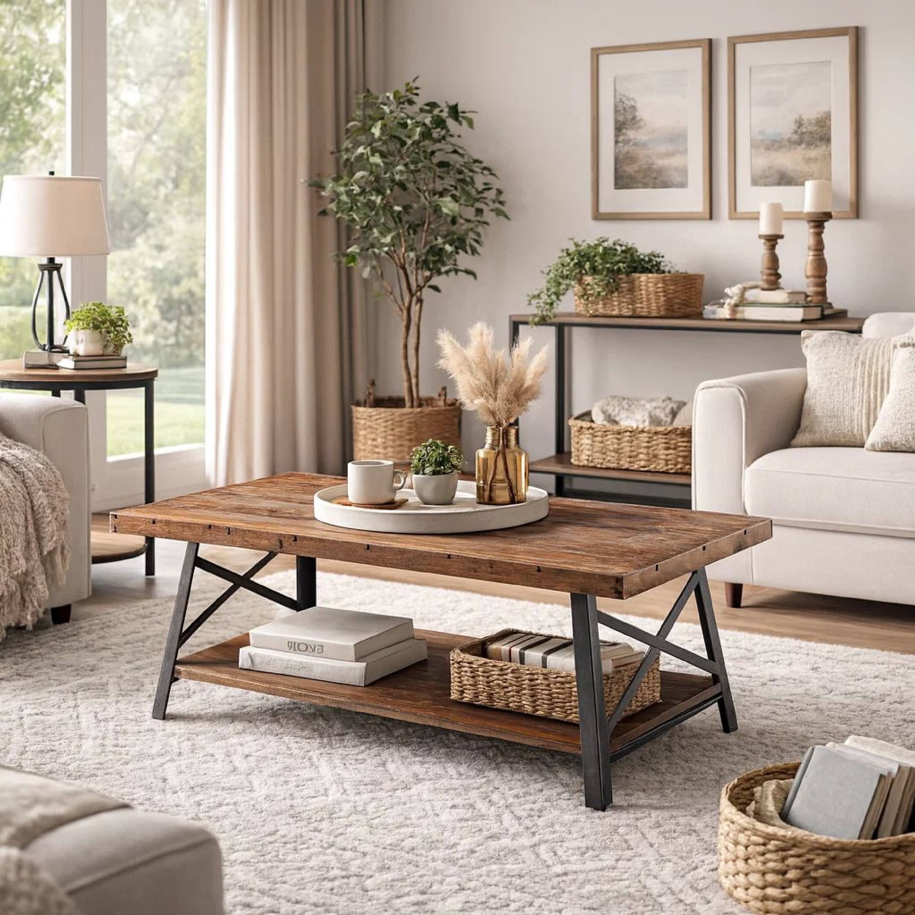 Alt View 7. Manhattan Lane - Wooden Coffee Table with X Crossed Metal Sides and Open Shelf - Brown and Black.