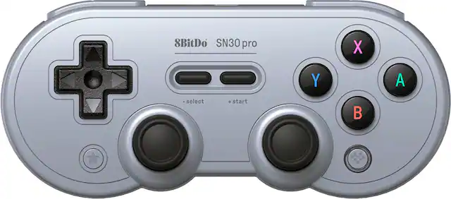The text on the image reads: "8BitDo SN30 Pro X Y - select + start."