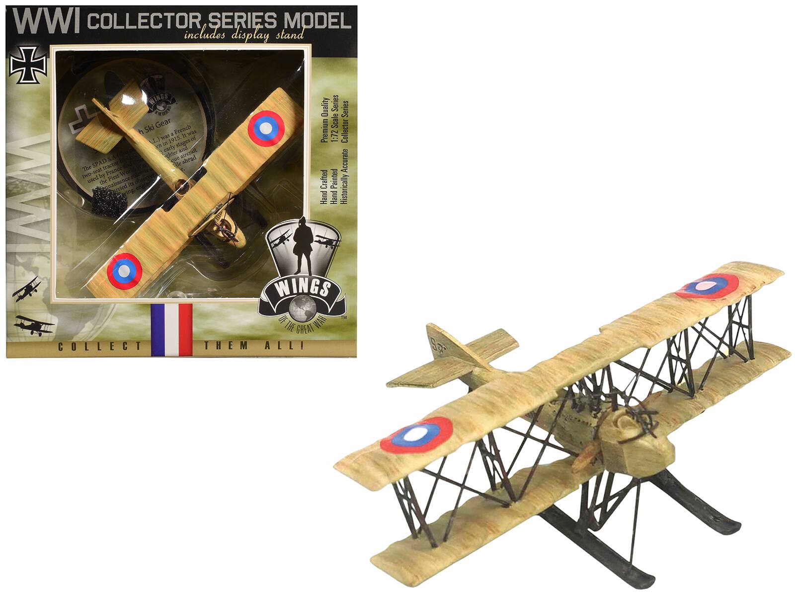 WWI COLLECTOR SERIES MODEL includes display stand

WINGS

The SPAD S.A. was a French two-seat tractor biplane used in the First World War. The SPAD S.A. was the first aircraft to be used in the French Air Service. It was used as a reconnaissance aircraft and as a trainer.

1:72 Scale

Premium Quality

Hand Crafted

Historically Accurate

Hand Painted

COLLECT THEM ALL!