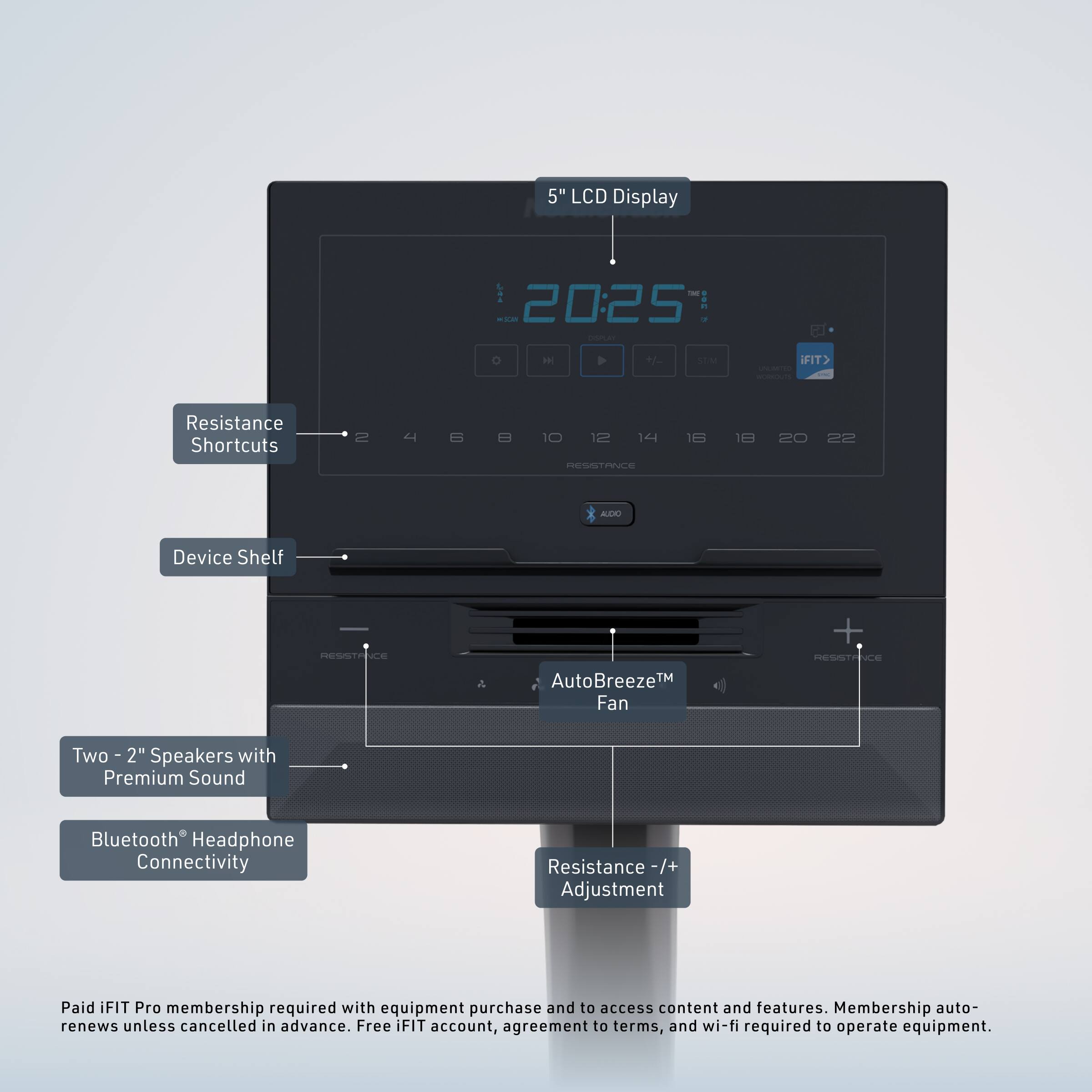 5" LCD Display  
20:25  
FIT>  
Resistance Shortcuts  
Device Shelf  
AutoBreeze™ Fan  
Two 2" Speakers with Premium Sound  
Bluetooth Headphone Connectivity  
Resistance +/- Adjustment  

Paid iFIT Pro membership required with equipment purchase and to access content and features. Membership auto-renews unless cancelled in advance. Free FIT account, agreement to terms, and wi-fi required to operate equipment.
