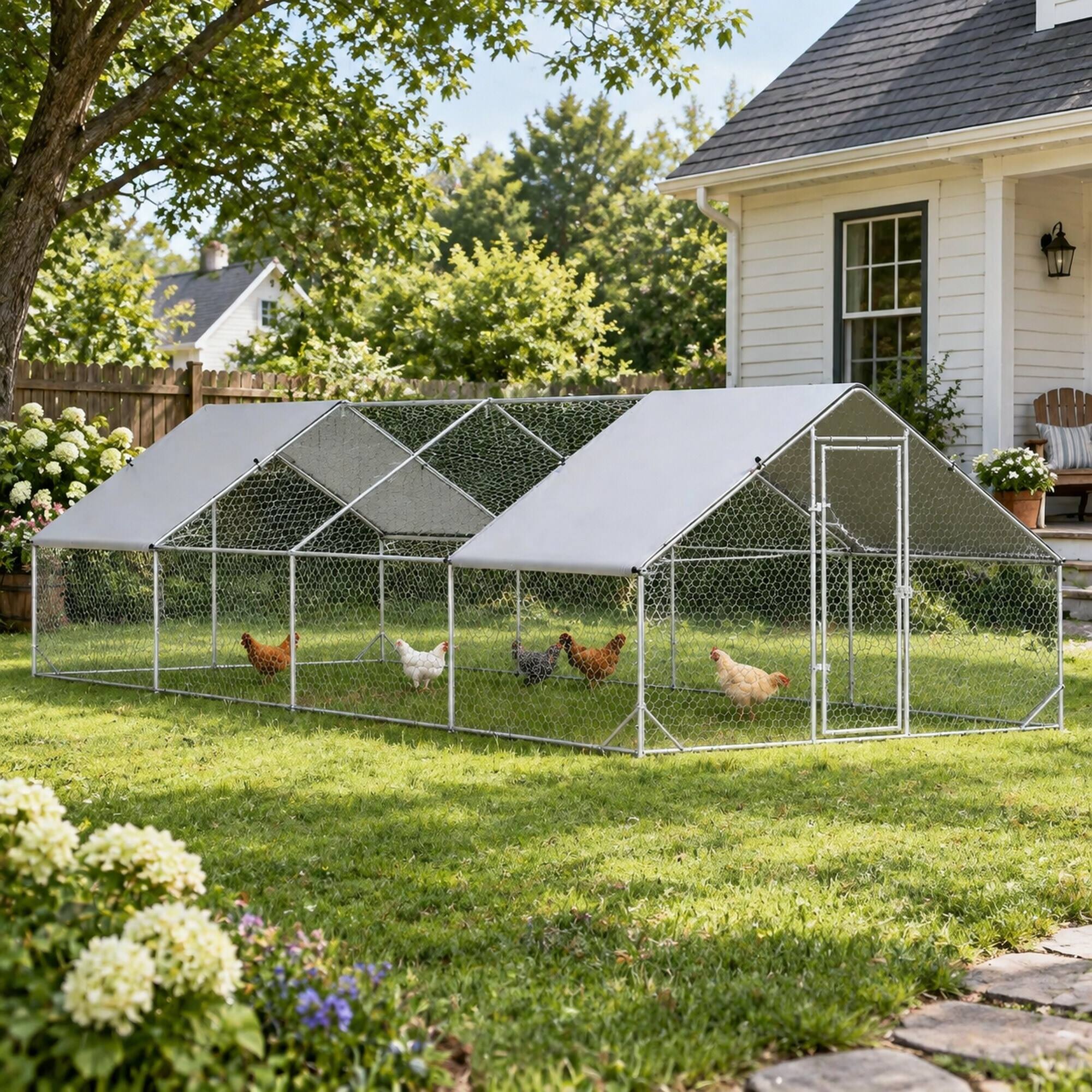 Back. RYHNUYNE - 9.8 ft x 26.2 ft Metal Chicken Run, Walk-in Coop, Galvanized Steel Frame, Shady Roof.