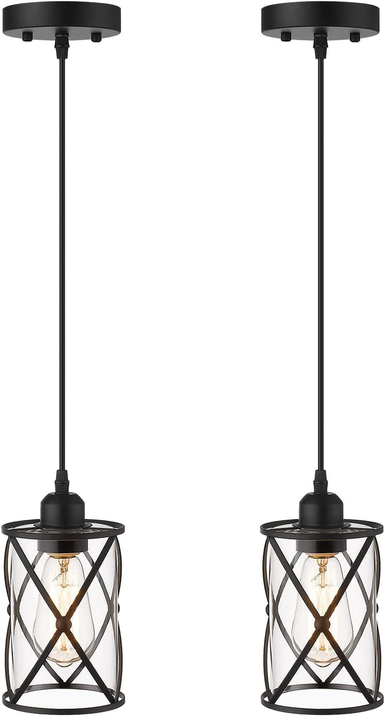 FINEAK - 2-Pack Black Glass Pendant Lights for Kitchen Island - Mini Farmhouse Industrial Caged Hanging Fixtures with Clear Glass
