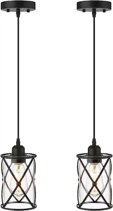 FINEAK - 2-Pack Black Glass Pendant Lights for Kitchen Island - Mini Farmhouse Industrial Caged Hanging Fixtures with Clear Glass