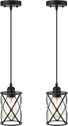 Front. FINEAK - 2-Pack Black Glass Pendant Lights for Kitchen Island - Mini Farmhouse Industrial Caged Hanging Fixtures with Clear Glass.