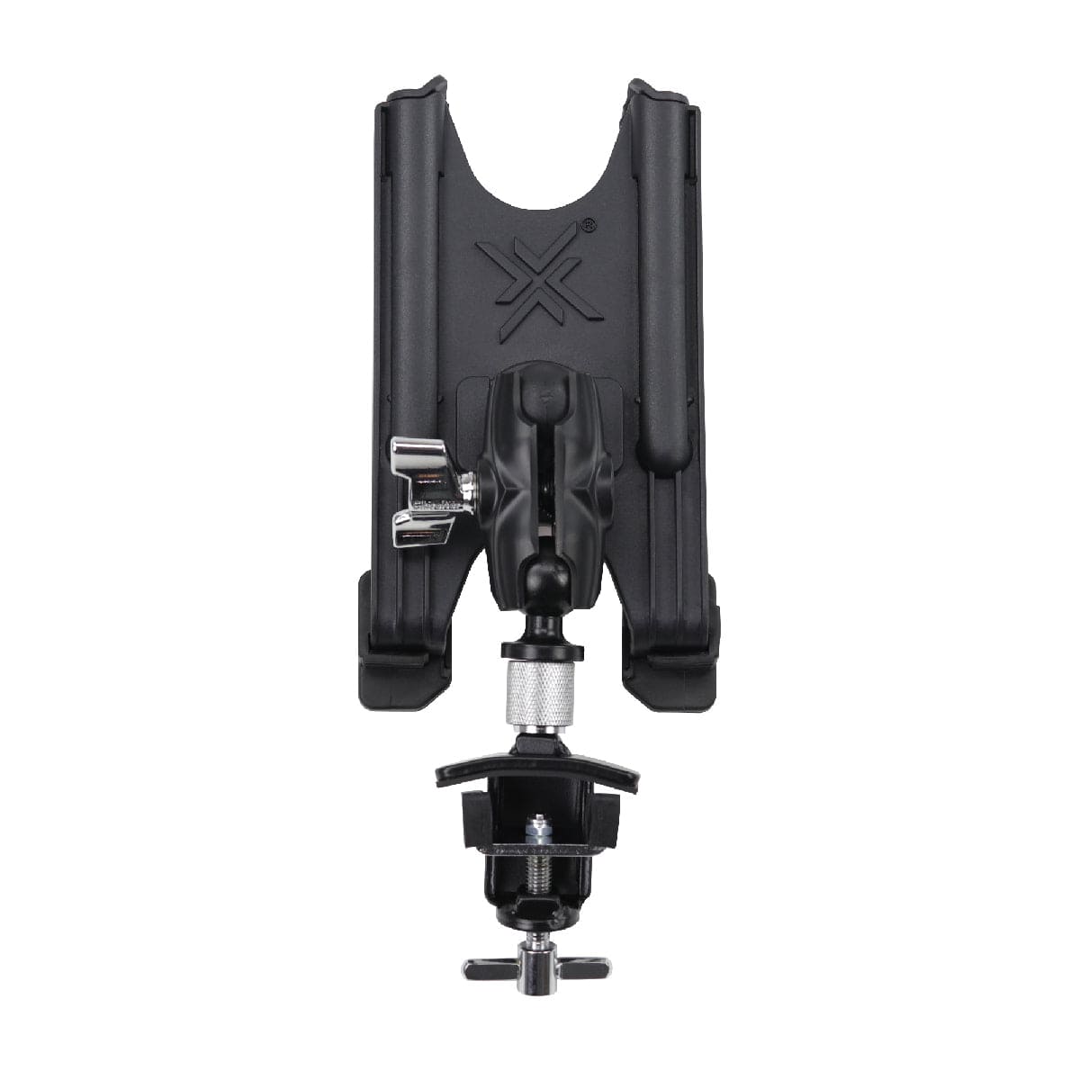 Back. Gibraltar Hardware - Dual Adjust Tablet Bass Drum Hoop Mount, Adjustable Tablet Holder for Drummers, w/ Rubber Padded Clamps - Black.