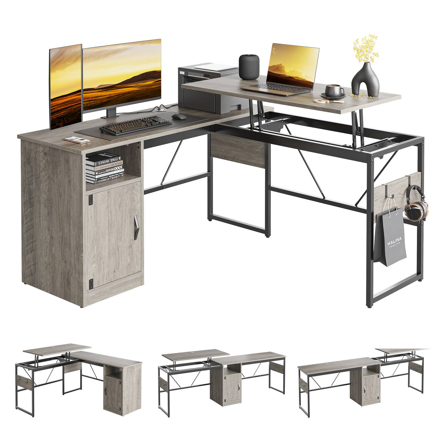 Bestier - Standing L-Shaped Computer Desk with Storage Cabinet - Gray