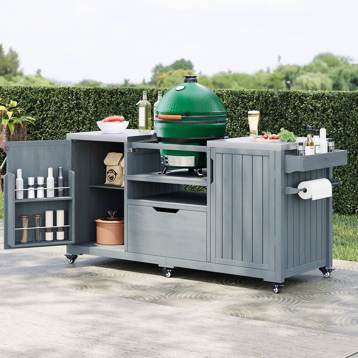 Back. Spaco - Spaco 67" Outdoor Kitchen Island Cart for Big Green Egg Grills, Teak Stainless Top, Drawer Storage, for Kitchen, Outdoor - Grey+Blue.
