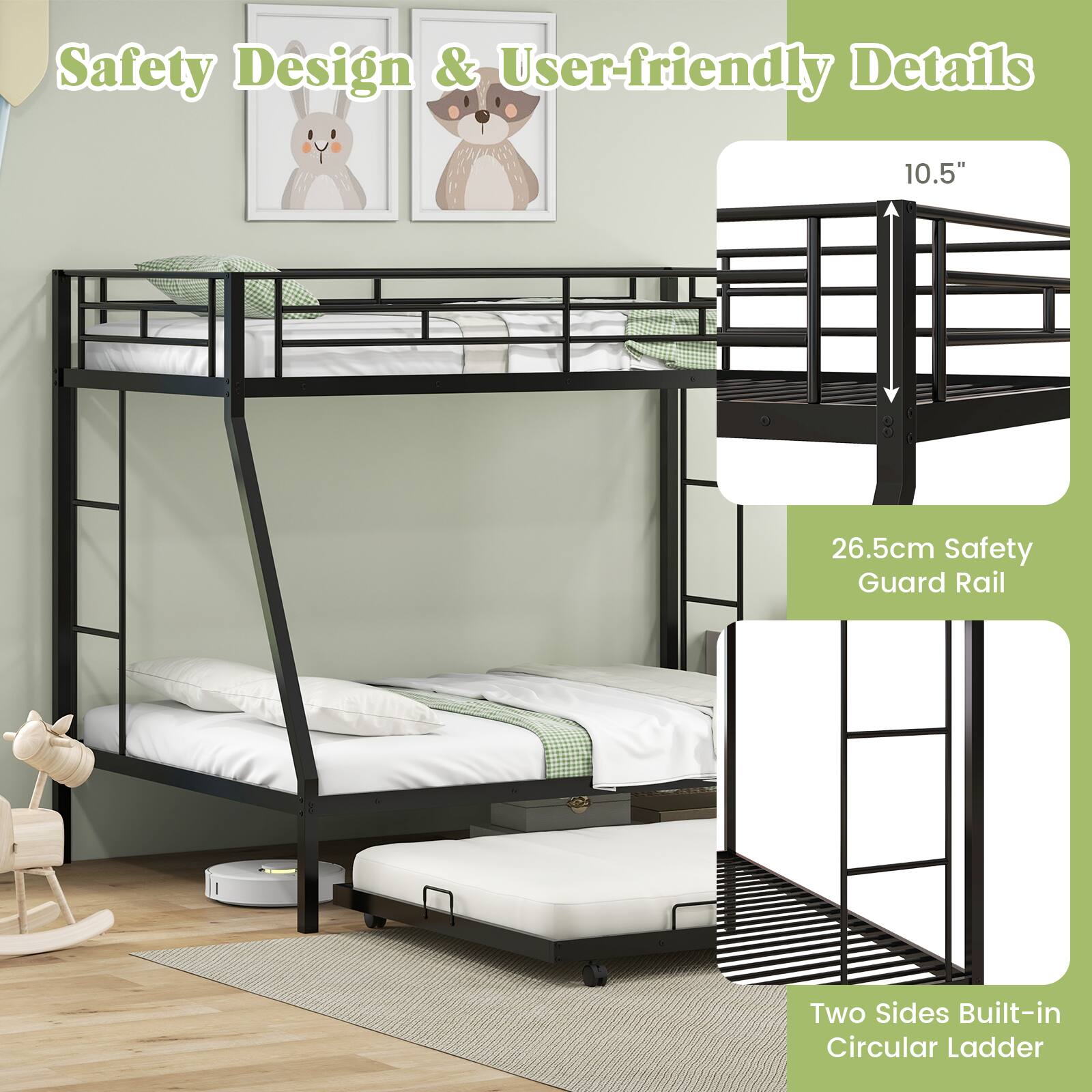 Safety Design & User-friendly Details: 10.5" 26.5cm Safety Guard Rail, Two Sides Built-in Circular Ladder