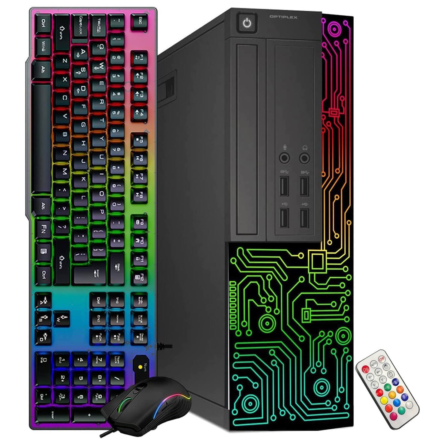 Sure, here is the corrected and grouped text from the image:

**Keyboard:**
- Caps Lock
- Shift
- Z X C V B N M
- A S D F G H J K L
- Q W E R T Y U I O P
- 1 2 3 4 5 6 7 8 9 0
- Fn
- Ctrl
- Alt
- Space
- Enter
- Esc
- Arrow keys
- Function keys (F1-F12)
- Numpad (1-9, 0, +, -, /, *, ., Enter)
- Media keys (Play, Pause, Mute, Volume up/down)

**Computer Tower:**
- OPTIPLEX

**Mouse:**
- No visible text

**Remote Control:**
- No visible text

**Additional Text:**
- No additional text visible in the image.