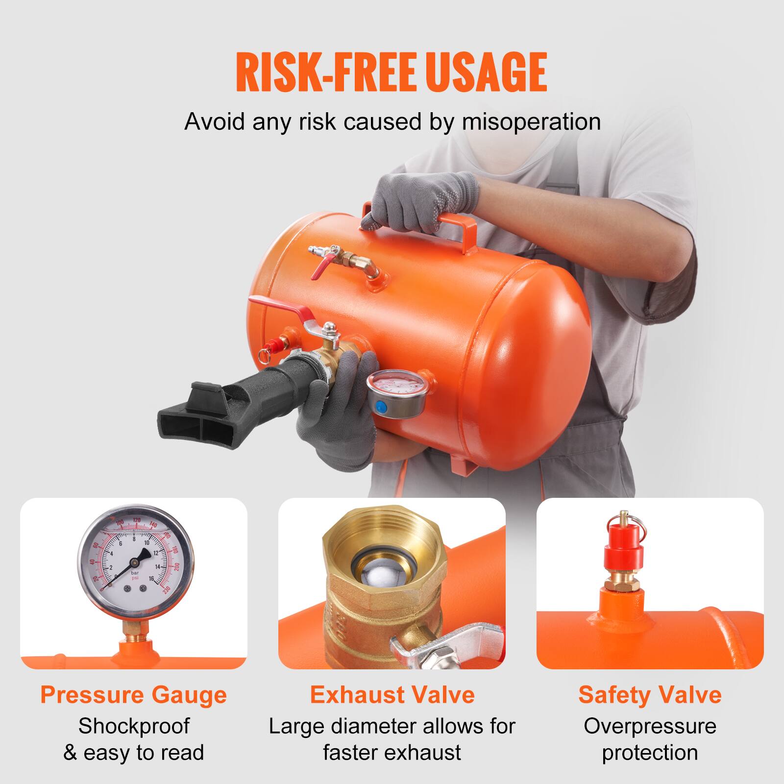 RISK-FREE USAGE  
Avoid any risk caused by misoperation

- Pressure Gauge  
  Shockproof & easy to read

- Exhaust Valve  
  Large diameter allows for faster exhaust

- Safety Valve  
  Overpressure protection