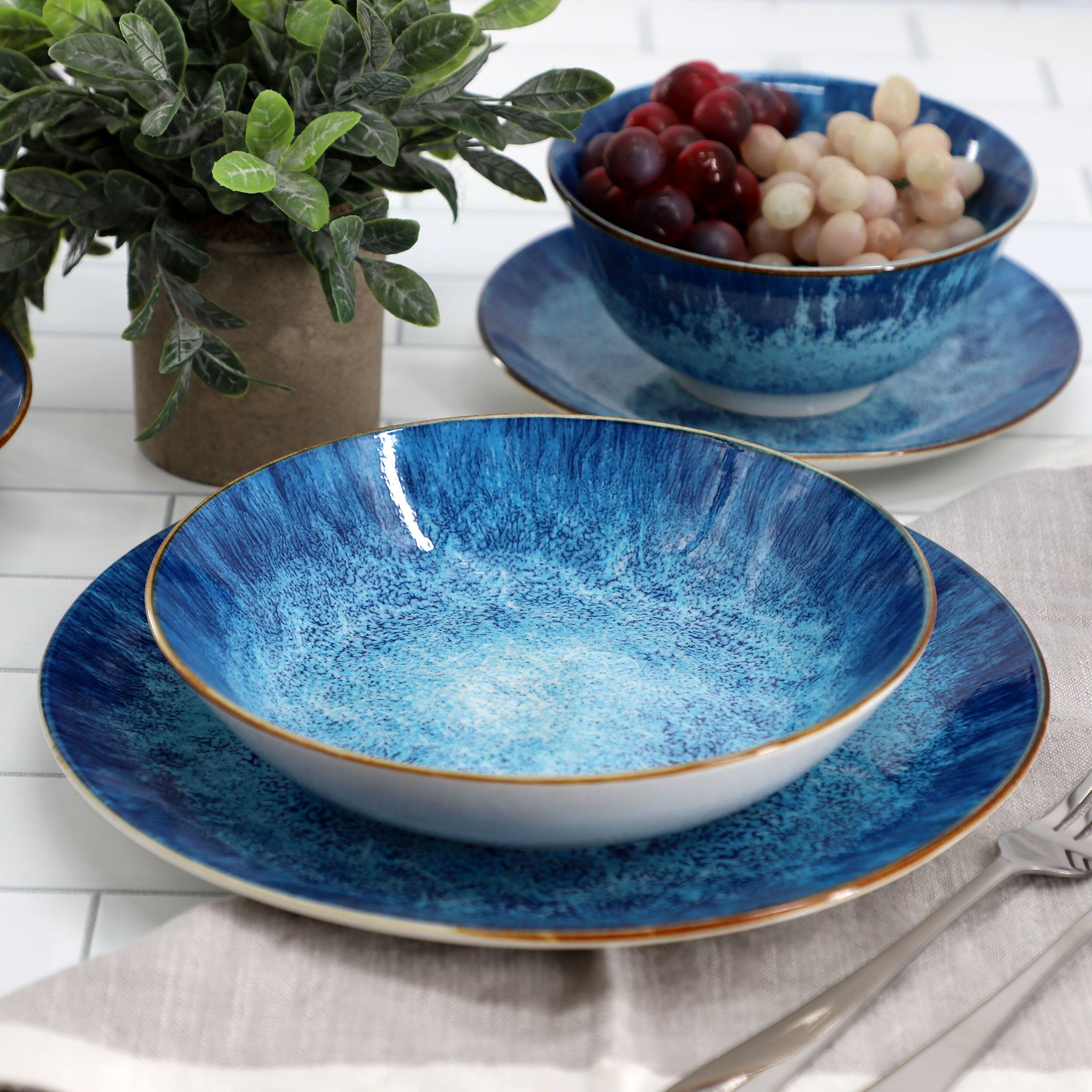 Alt View 7. Elama - Elama Oceanus 16 Piece Porcelain Double Bowl Dinnerware Set in Blue - Blue.