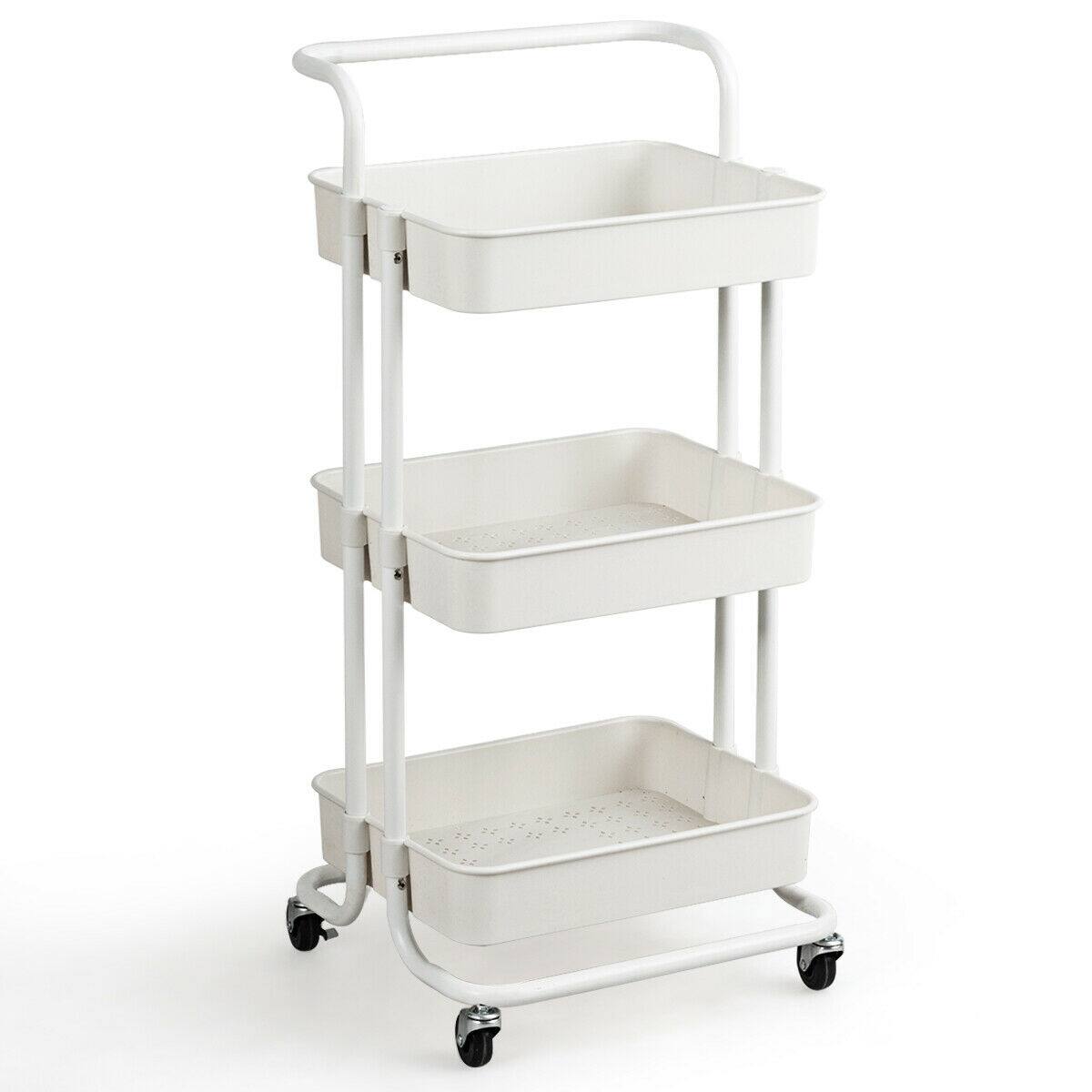 Gymax - 3 Tier Rolling Cart W/Wheels Practical Handle&ABS Storage Basket Organizer - White