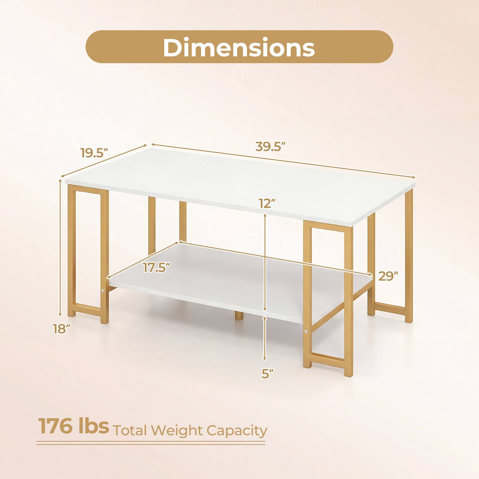 Dimensions: 19.5" x 39.5" x 12" x 17.5" x 29" x 18" x 5"  
Total Weight Capacity: 176 lbs