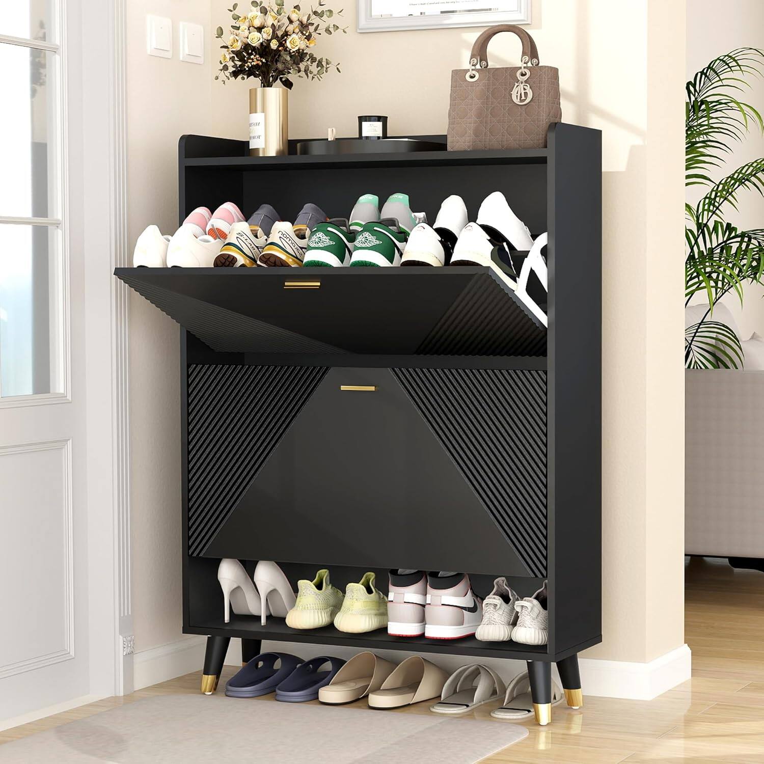 Front. Tiramisubest - Shoe Storage Cabinet for Entryway,Shoe Organizer Cabinet with Doors,2 Flip Ultra Thin Drawer Shoe Cabinet Hidden,Black - Black.