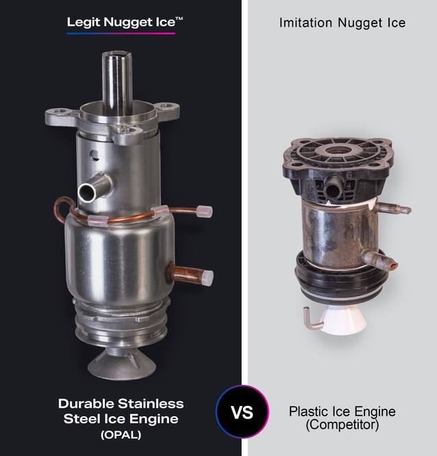Legit Nugget Ice™

Durable Stainless Steel Ice Engine (OPAL) vs Plastic Ice Engine (Competitor)