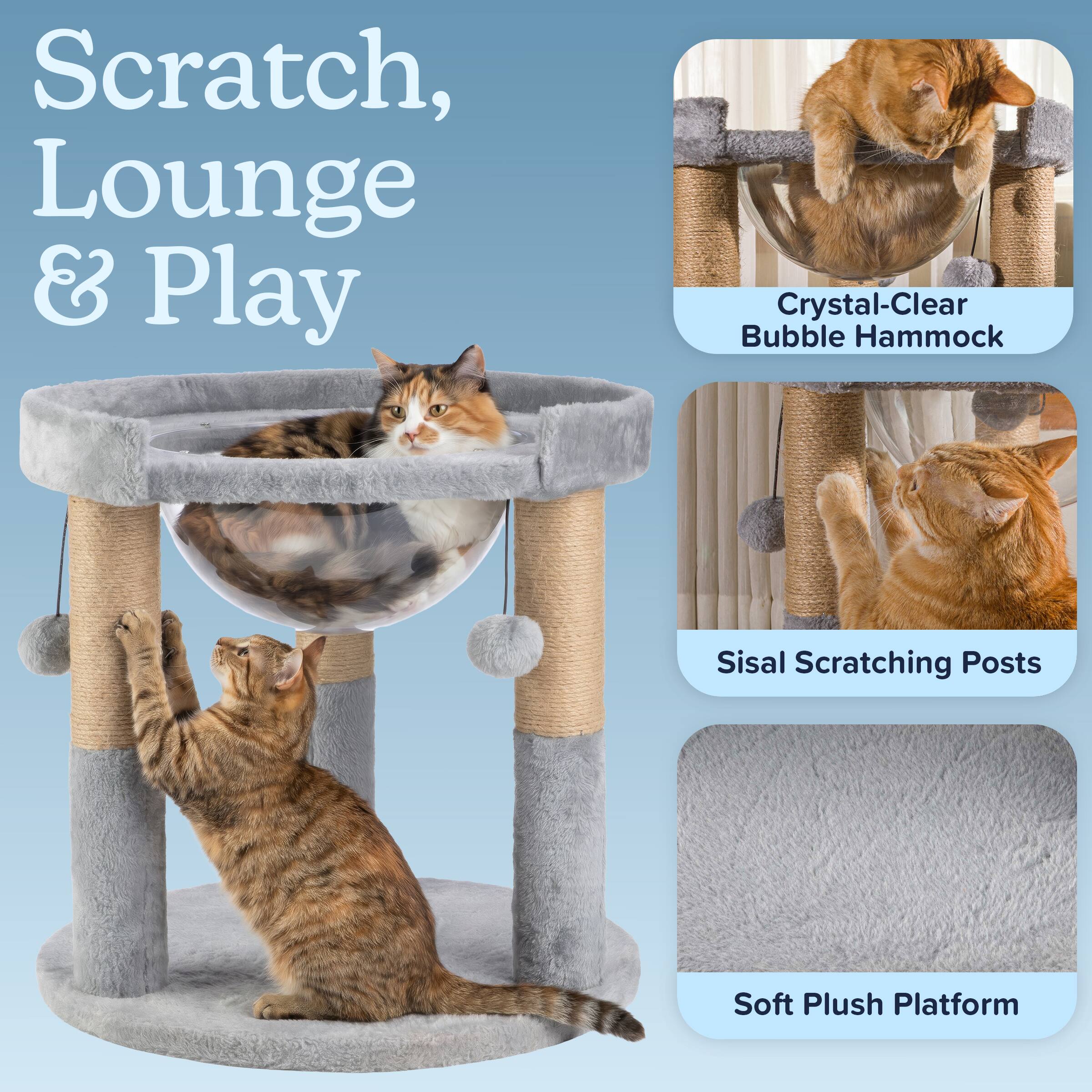 Scratch, Lounge & Play

Crystal-Clear Bubble Hammock

Sisal Scratching Posts

Soft Plush Platform