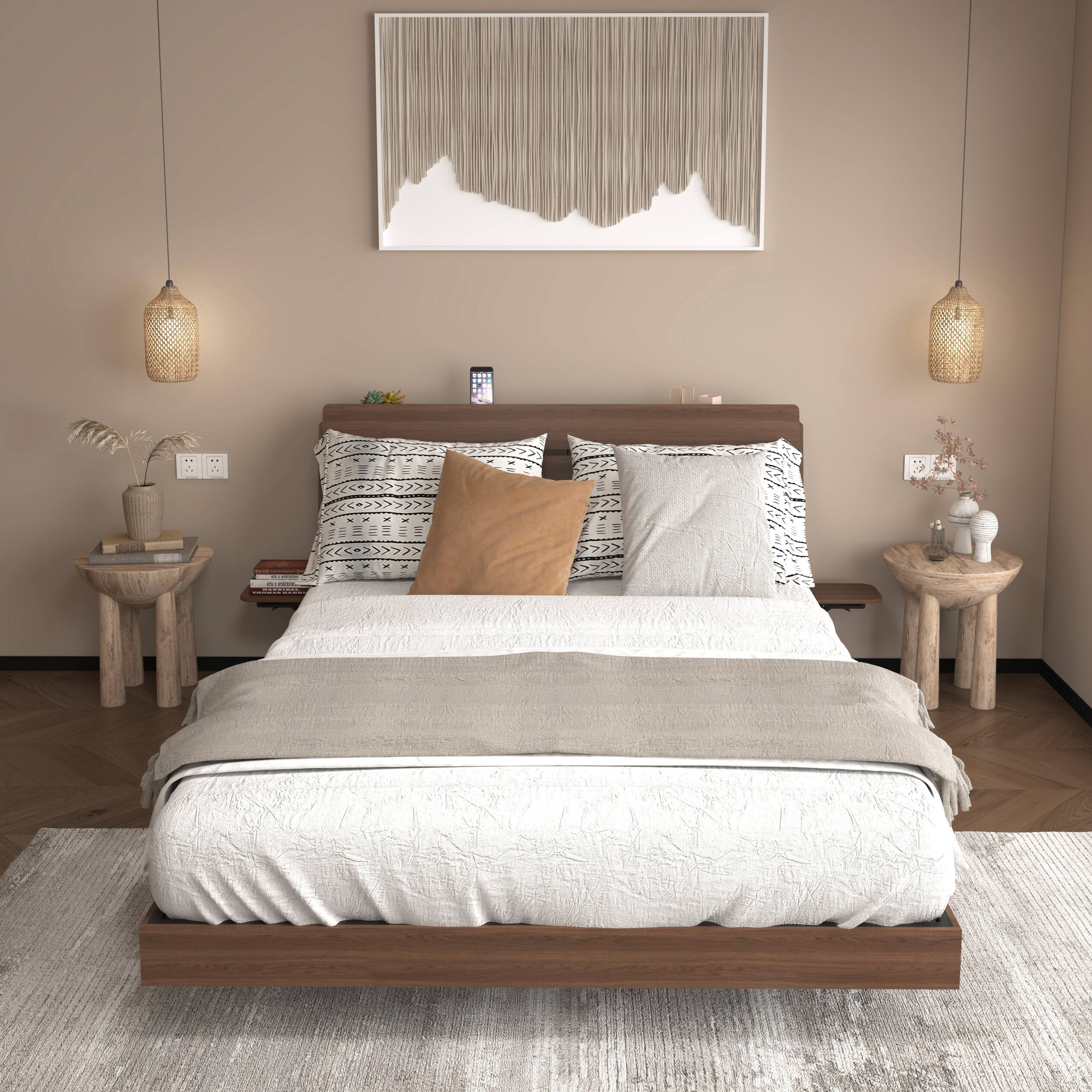 Left. LUCKY ONE - Queen Size Floating Bed Frame with Led Lights and Charging Station - Walnut.