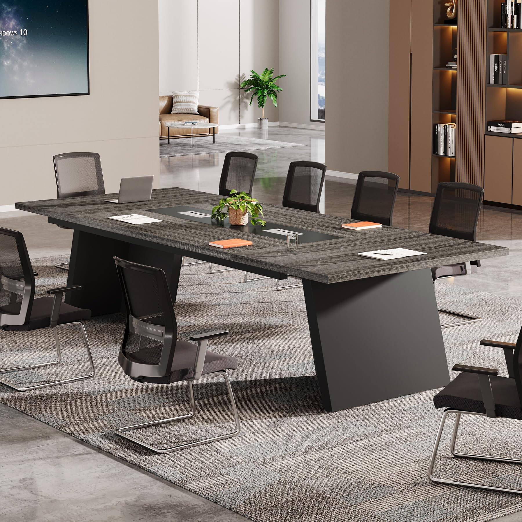 Tribesigns - 94.5-Inch Conference Table with Cable Management Grommets and Metal Frame for Office Meeting Rooms - Gray + Black