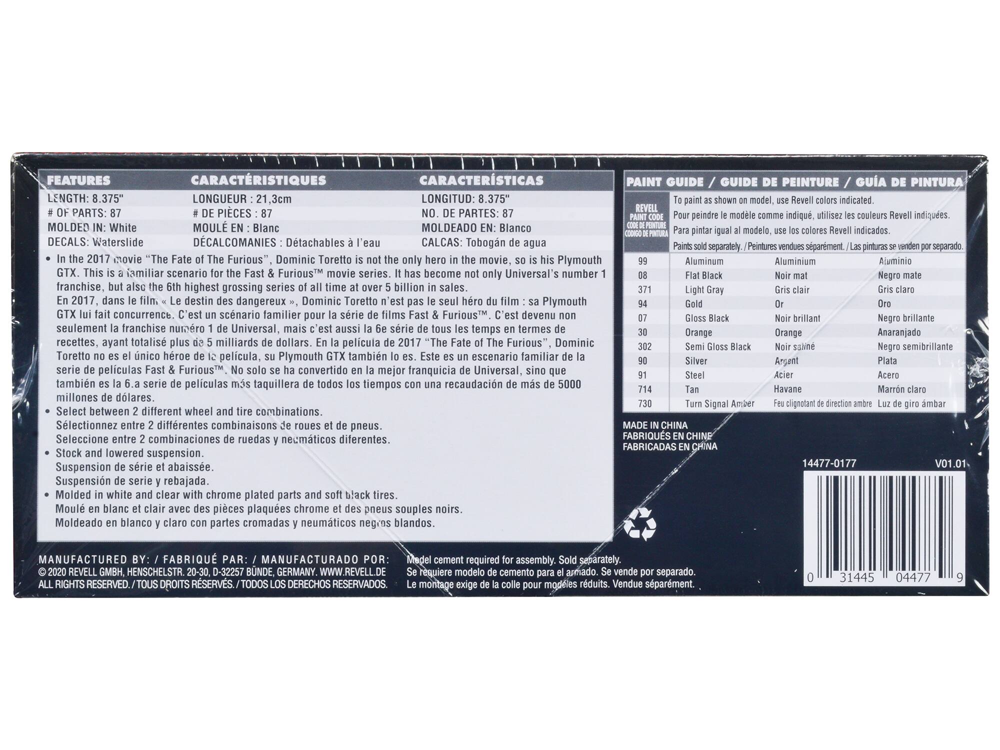 **FEATURES / CARACTERÍSTICAS / CARACTERÍSTICAS**

- **LENGTH:** 8.375" / **LONGUEUR:** 21,3cm / **LONGITUD:** 8.375"
- **# OF PARTS:** 87 / **# DE PIECES:** 87 / **NO. DE PARTES:** 87
- **MOLDED IN:** White / **MOULE EN:** Blanc / **MOLDEADO EN:** Blanco
- **DECALS:** Waterslide / **DÉCALCOMANIES:** Détachables / **CALCAS:** Tobogán de agua

**In the 2017 movie "The Fate of the Furious", Dominic Toretto is not the only hero in the movie, so is his Plymouth GTX. This is a familiar scenario for the Fast & Furious™ movie series. It has become not only Universal's number 1 franchise, but also the 6th highest grossing series of all time at over 5 billion in sales.**

**En 2017, dans le film "Le destin des dangereux", Dominic Toretto n'est pas le seul héros de