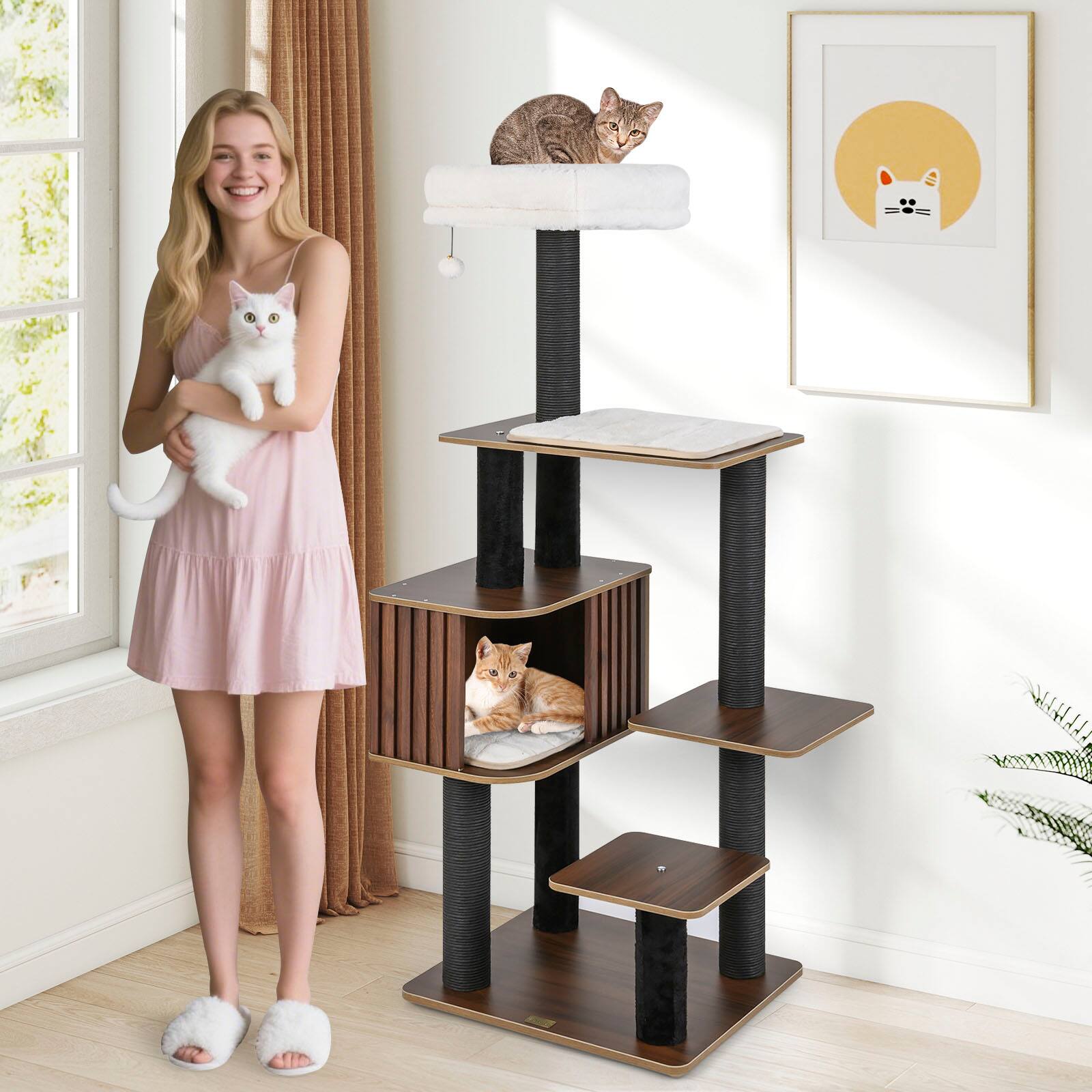 Alt View 3. Gymax - Gymax 59.5'' Tall Cat Tower w/Cushion Top Perch Detachable Mats Scratching Posts Brown - GYM19522.
