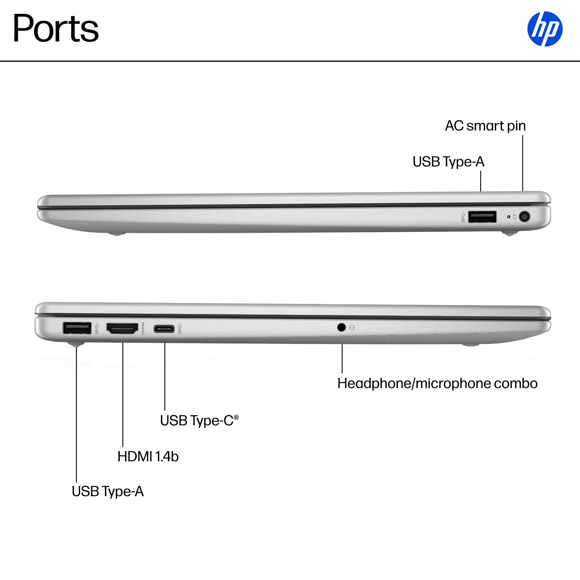Ports hp AC smart pin USB Type-A Headphone/microphone combo USB Type-C HDMI 1.4b USB Type-A