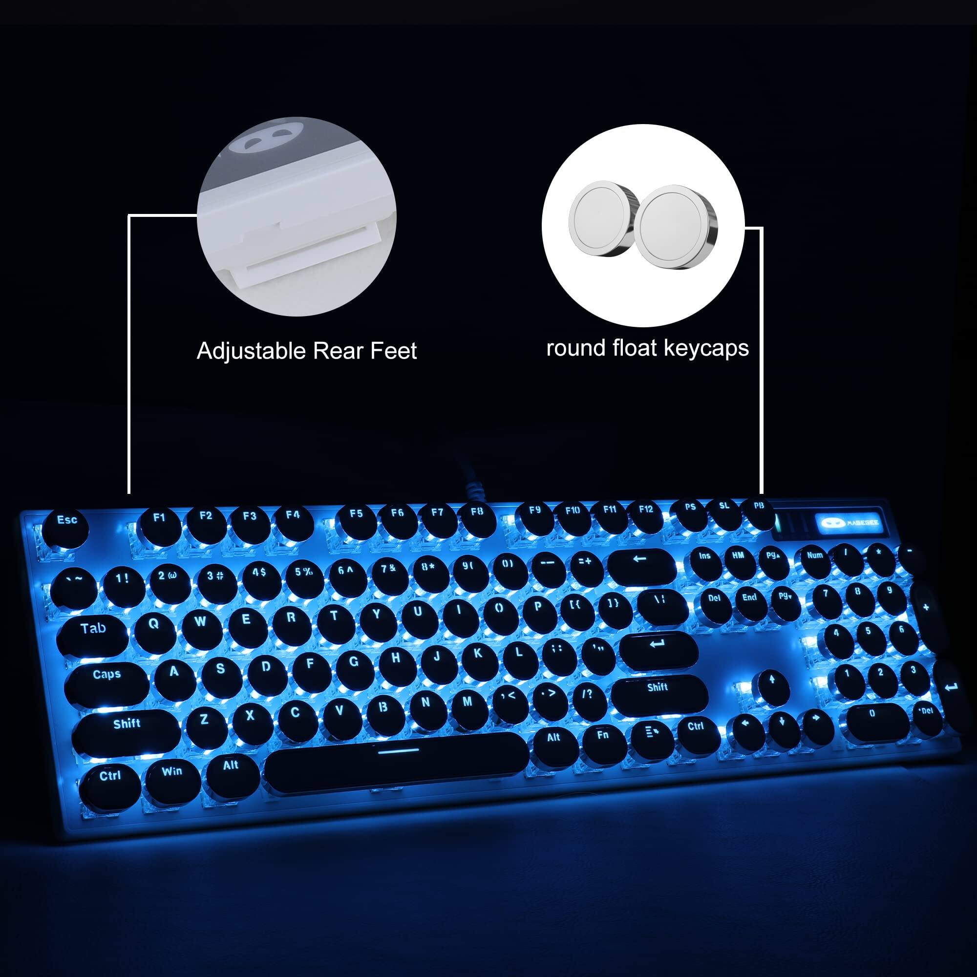 Adjustable Rear Feet  
round float keycaps  

Esc F1 F2 F3 F4 F5 F6 F7 F8 F9 F10 F11 F12  
1! 2@ 3# 4$ 5% 6^ 7& 8* 9( 0) -_ =+  
Tab Q W E R T Y U I O P [ { ] }  
Caps A S D F G H J K L ; ' "  
Shift Z X C V B N M , < . > /  
Ctrl Win Alt  
Ins Home PgUp PgDn End PgDn  
Num 1 2 3 4 5 6 7 8 9 0 - +  
Del