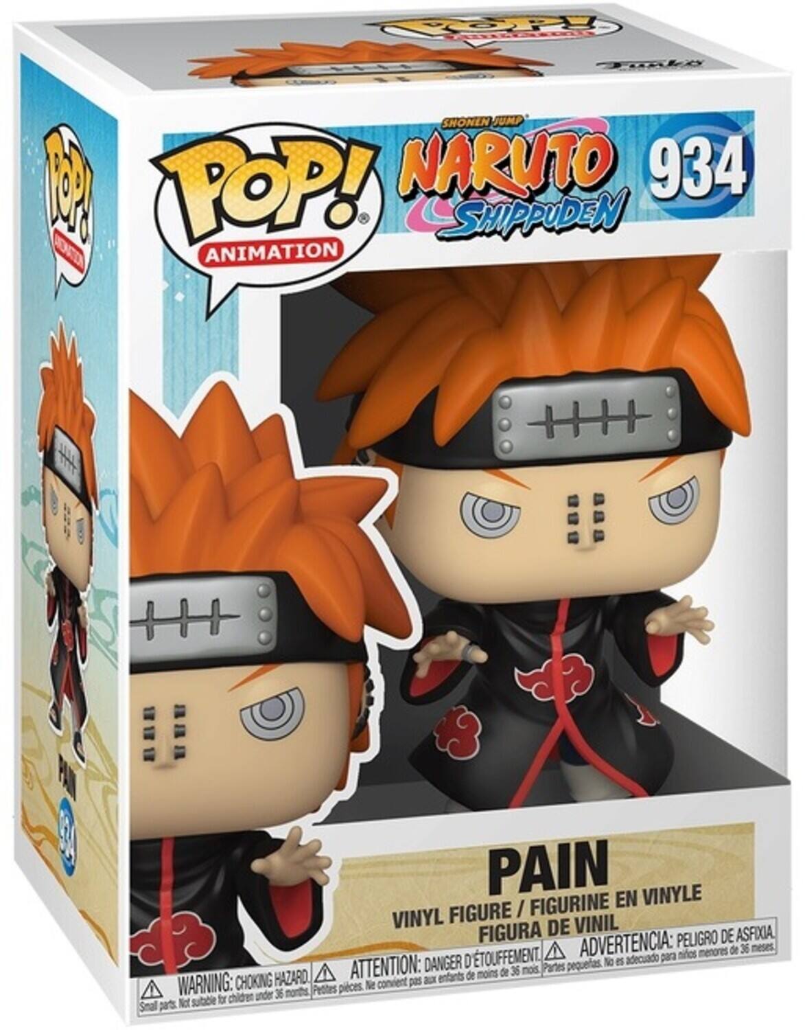 Sure, here is the corrected and grouped text from the image:

---

**Top Left:**
- POP! ANIMATION

**Top Center:**
- SHONEN JUMP
- NARUTO SHIPPUDEN
- 934

**Center:**
- PAIN

**Bottom:**
- VINYL FIGURE / FIGURINE EN VINYLE / FIGURA DE VINIL
- WARNING: CHOKING HAZARD. Small parts. Not suitable for children under 36 months.
- ATTENTION: DANGER D'ÉTOUFFEMENT. Petites pièces. Ne convient pas aux enfants de moins de 36 mois.
- ADVERTENCIA: PELIGRO DE ASFIXIA. Partes pequeñas. No es adecuado para niños menores de 36 meses.

---
