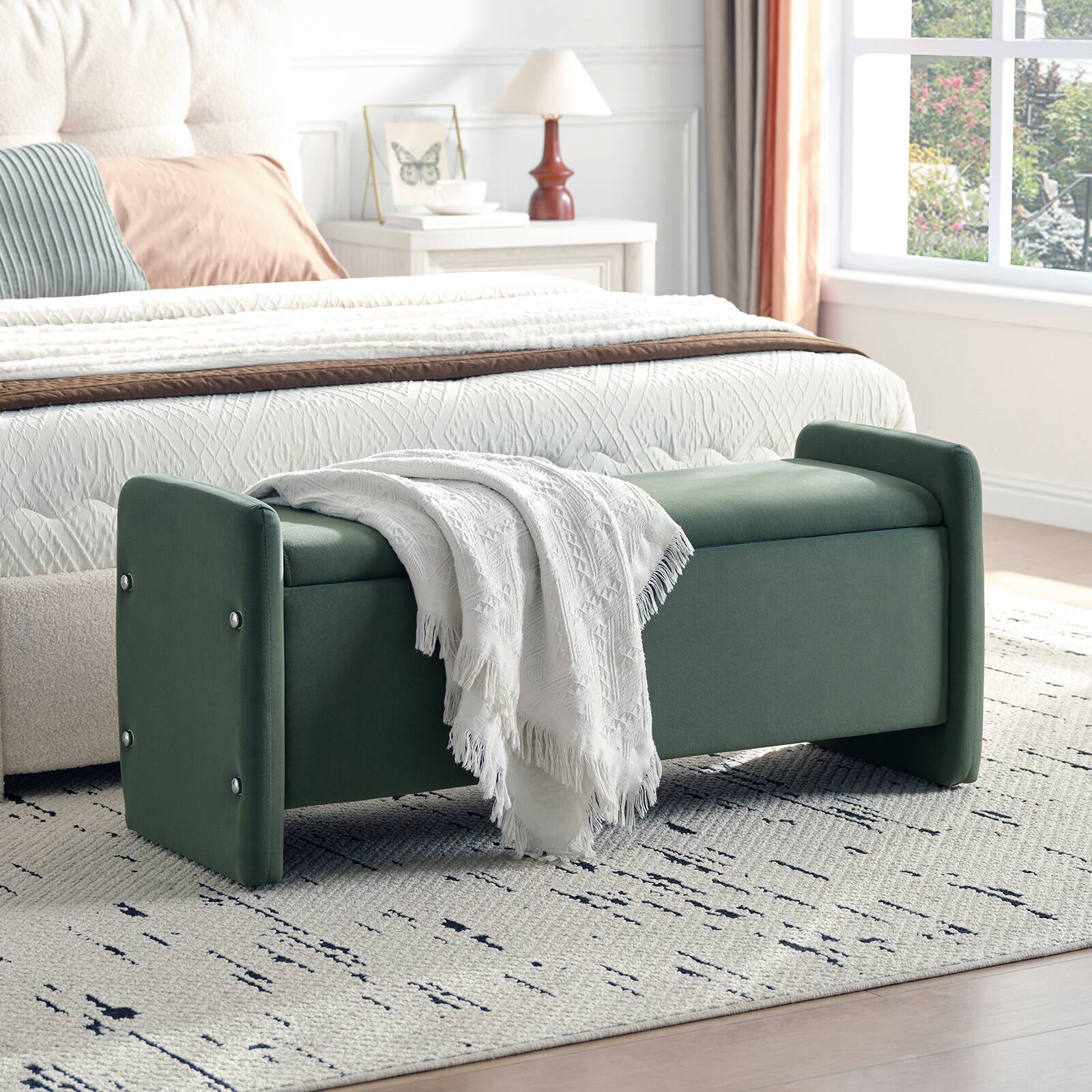 Angle. Pinmoco - Rectangular Corduroy Upholstered Ottoman Bench with Storage - Olive Green.