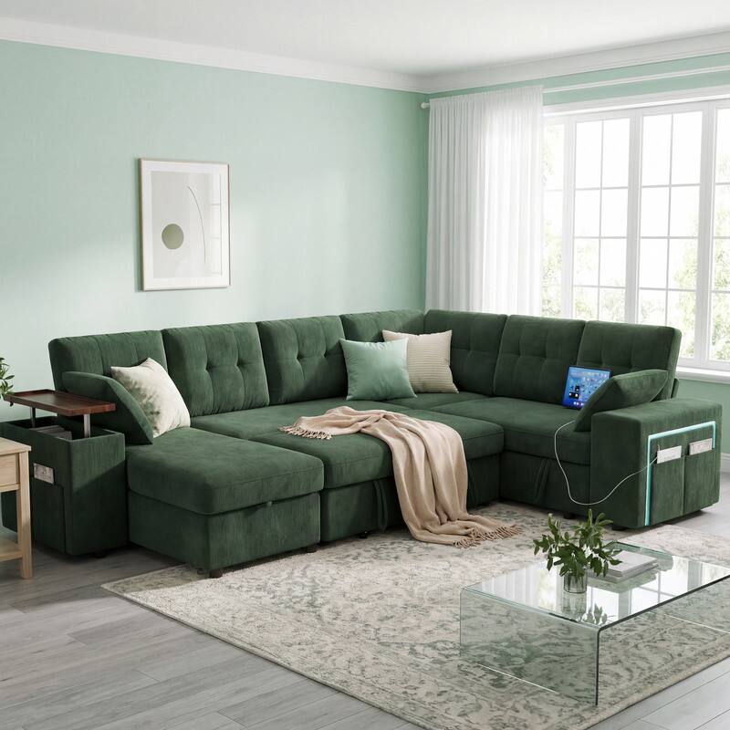 Alt View 5. Dyonery - Dyonery 112" Modular Convertible Sectional Sleeper Sofa with Pull Out Bed,Linen Convertible Couch with Storage Seat - Green.