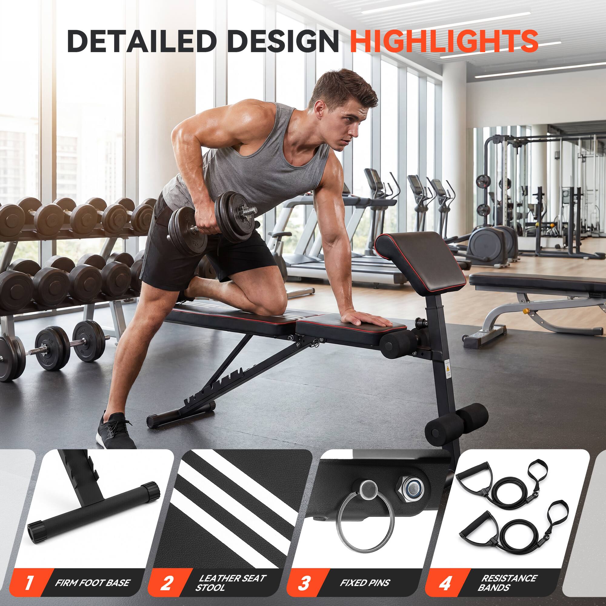 DETAILED DESIGN HIGHLIGHTS  
1. FIRM FOOT BASE  
2. LEATHER SEAT STOOL  
3. FIXED PINS  
4. RESISTANCE BANDS