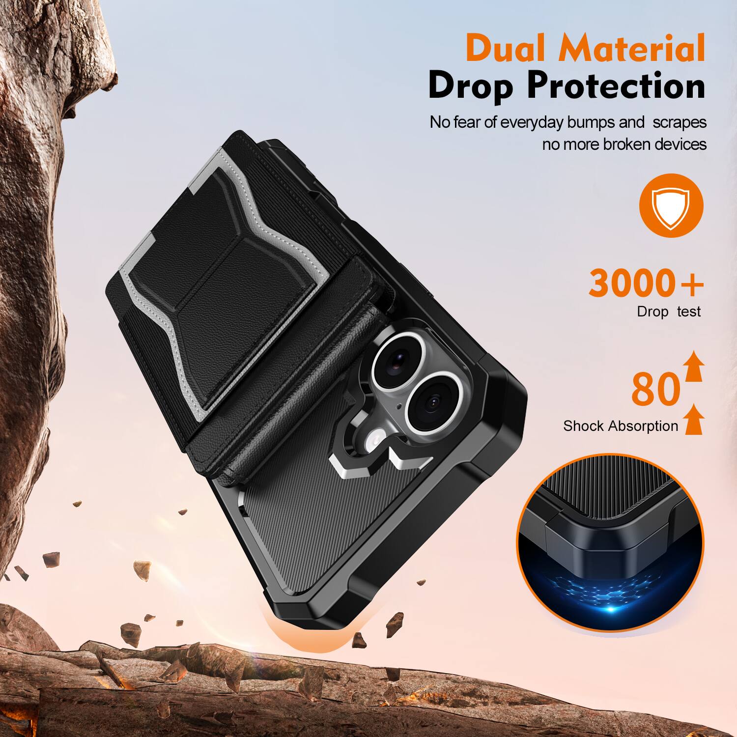 Dual Material Drop Protection  
No fear of everyday bumps and scrapes, no more broken devices  

3000+ Drop test  
80 Shock Absorption
