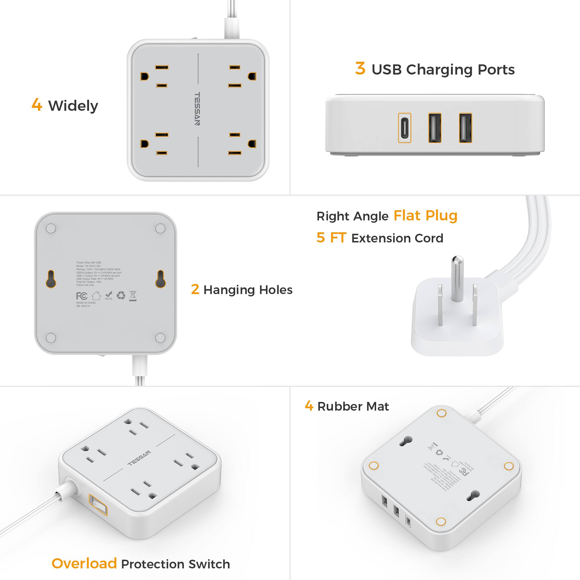 TESSAN 5 Ft Power Strip Surge Protector, Flat Plug Extension Cord with ...