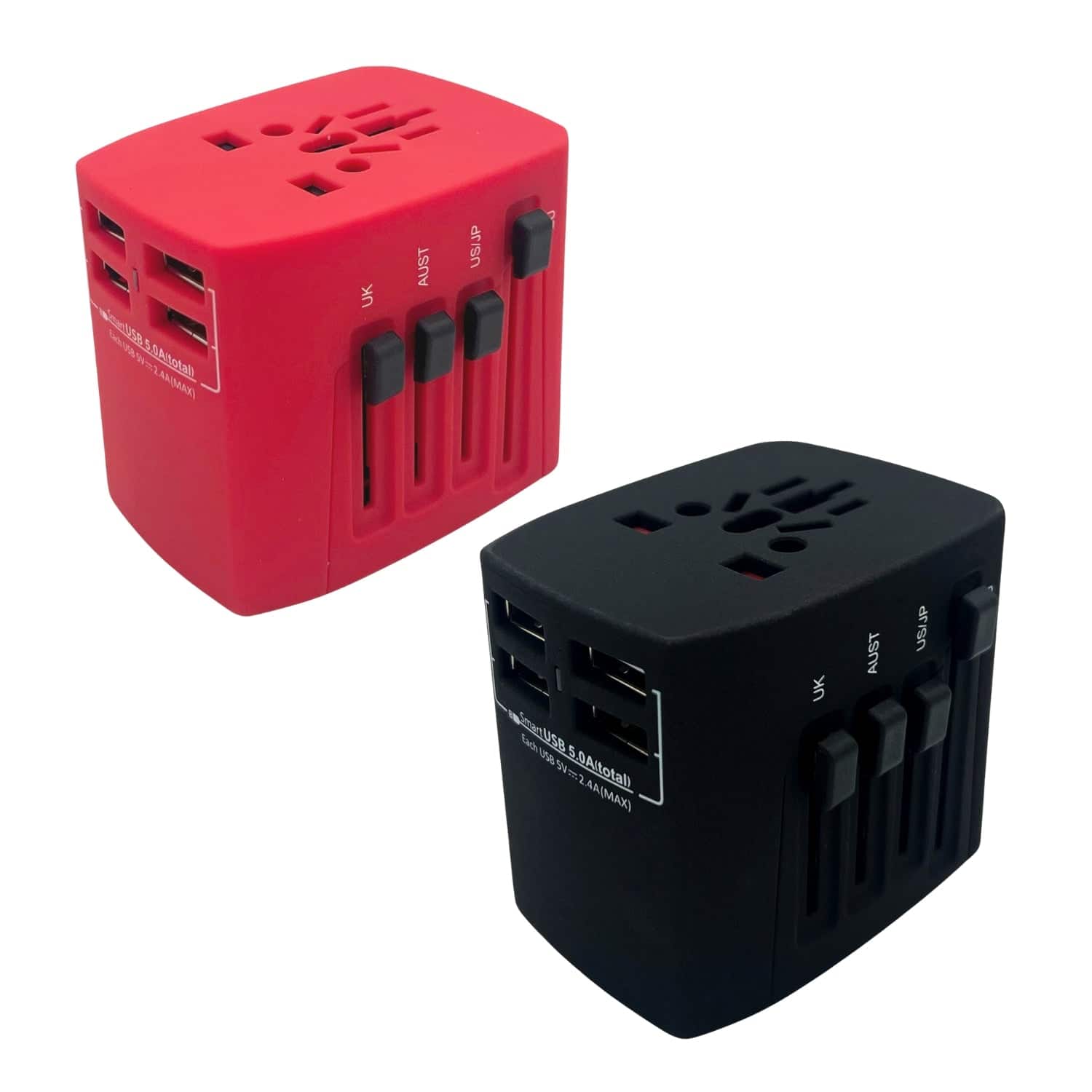 5 CORE - Travel Plug Adapter European International Power Plug w/ 2 USB, 2 Outlet Surge Protector Adaptor Charger - Black & Red
