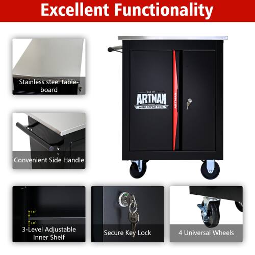 Excellent Functionality

- Stainless steel table-board
- Convenient Side Handle
- 3-Level Adjustable Inner Shelf
- Secure Key Lock
- 4 Universal Wheels