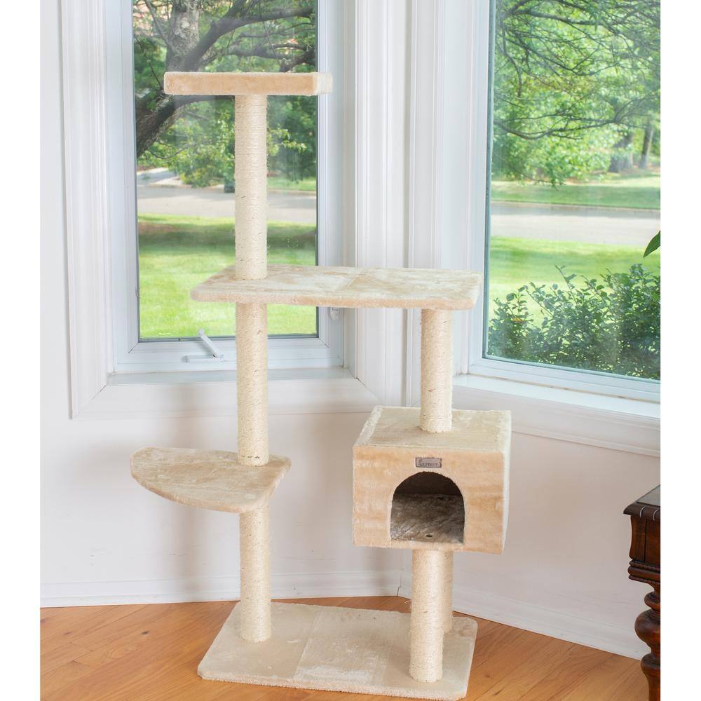 Back. Armarkat - 57Inch Real Wood Cat Tree In Beige With Playhouse And Perch - Beige.
