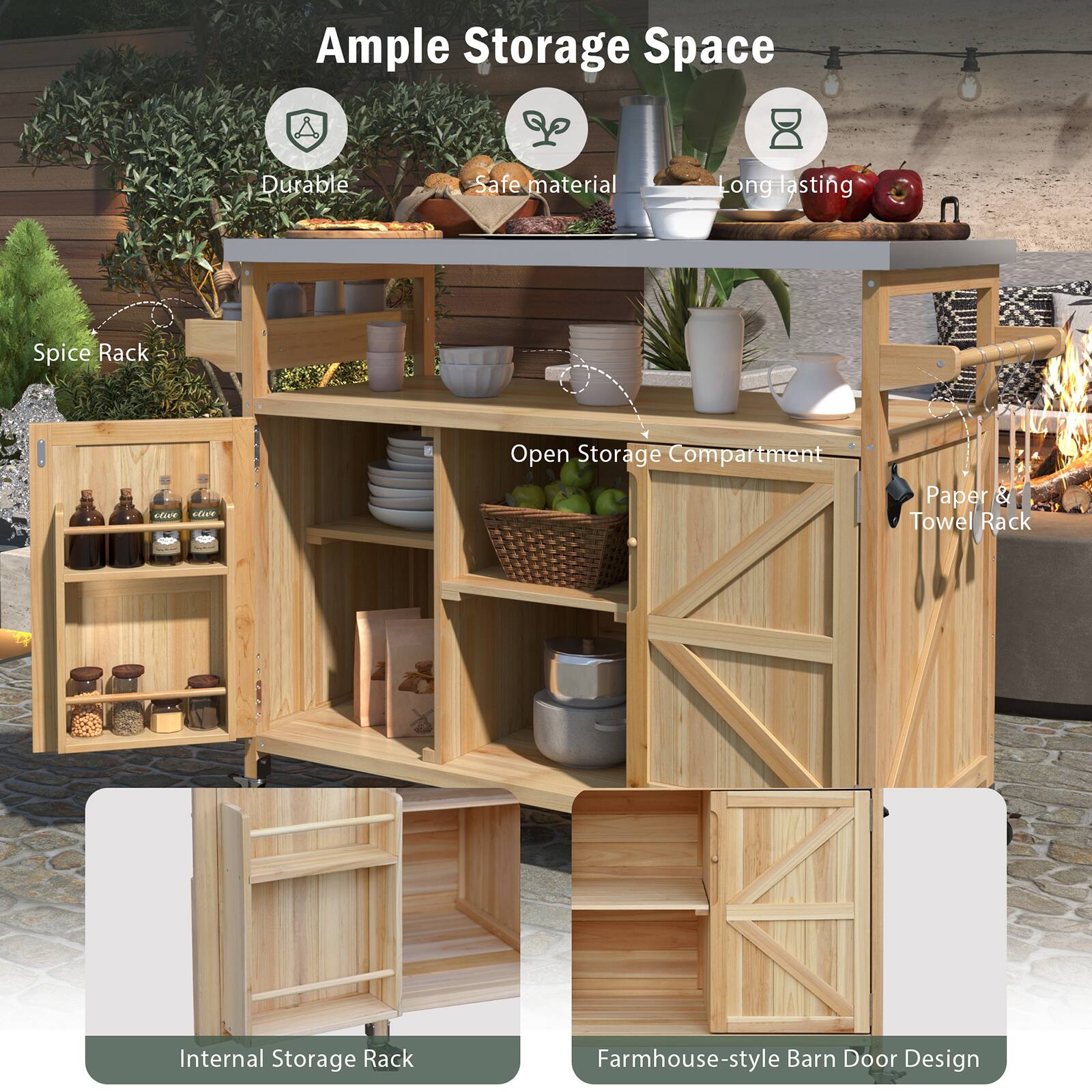 Ample Storage Space  
Durable  
Safe material  
Long lasting  
Spice Rack  
Open Storage Compartment  
Paper & Towel Rack  
Internal Storage Rack  
Farmhouse-style Barn Door Design