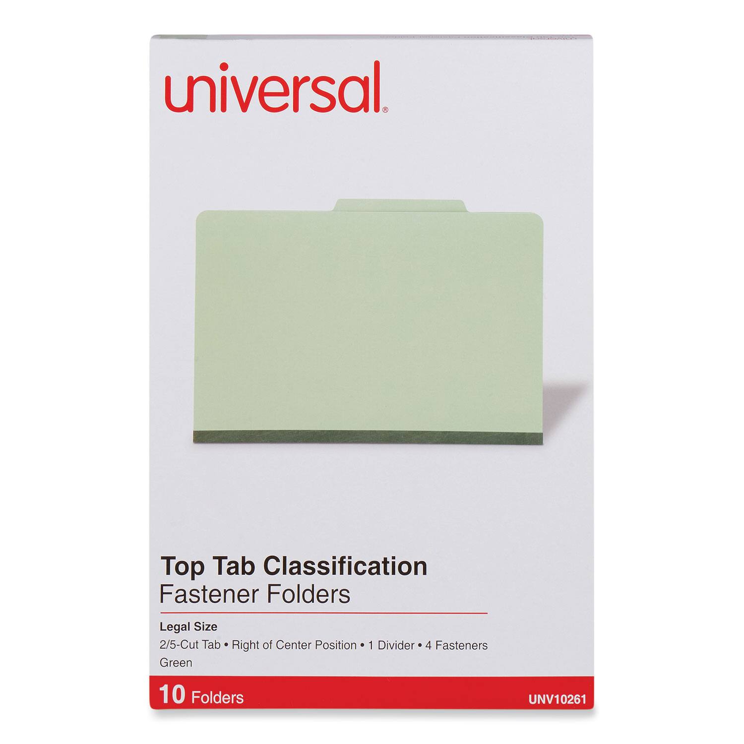 Universal  
Top Tab Classification Fastener Folders  
Legal Size  
2/5-Cut Tab • Right of Center Position • 1 Divider • 4 Fasteners  
Green  
10 Folders  
UNV10261