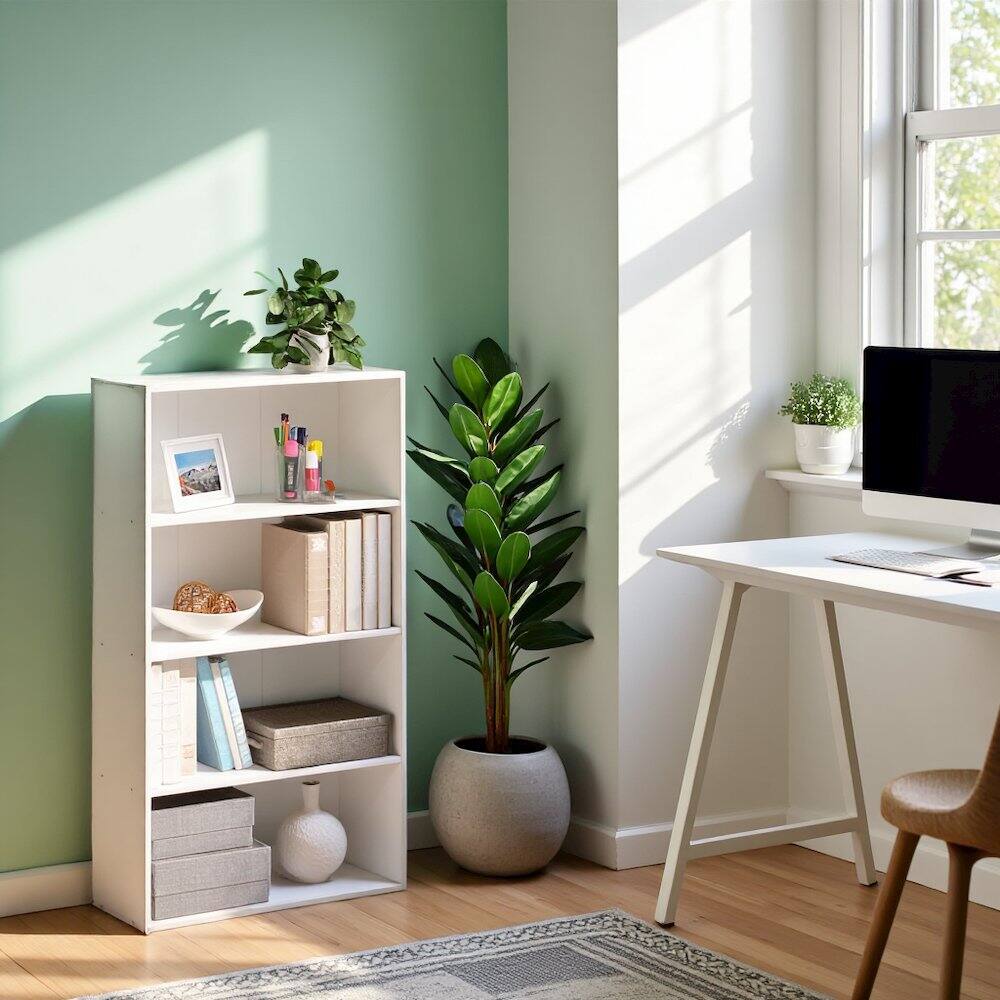 Angle. FurniFact - White Wooden Book Shelf with Four Open Wooden Shelves for Modern Interiors - White.