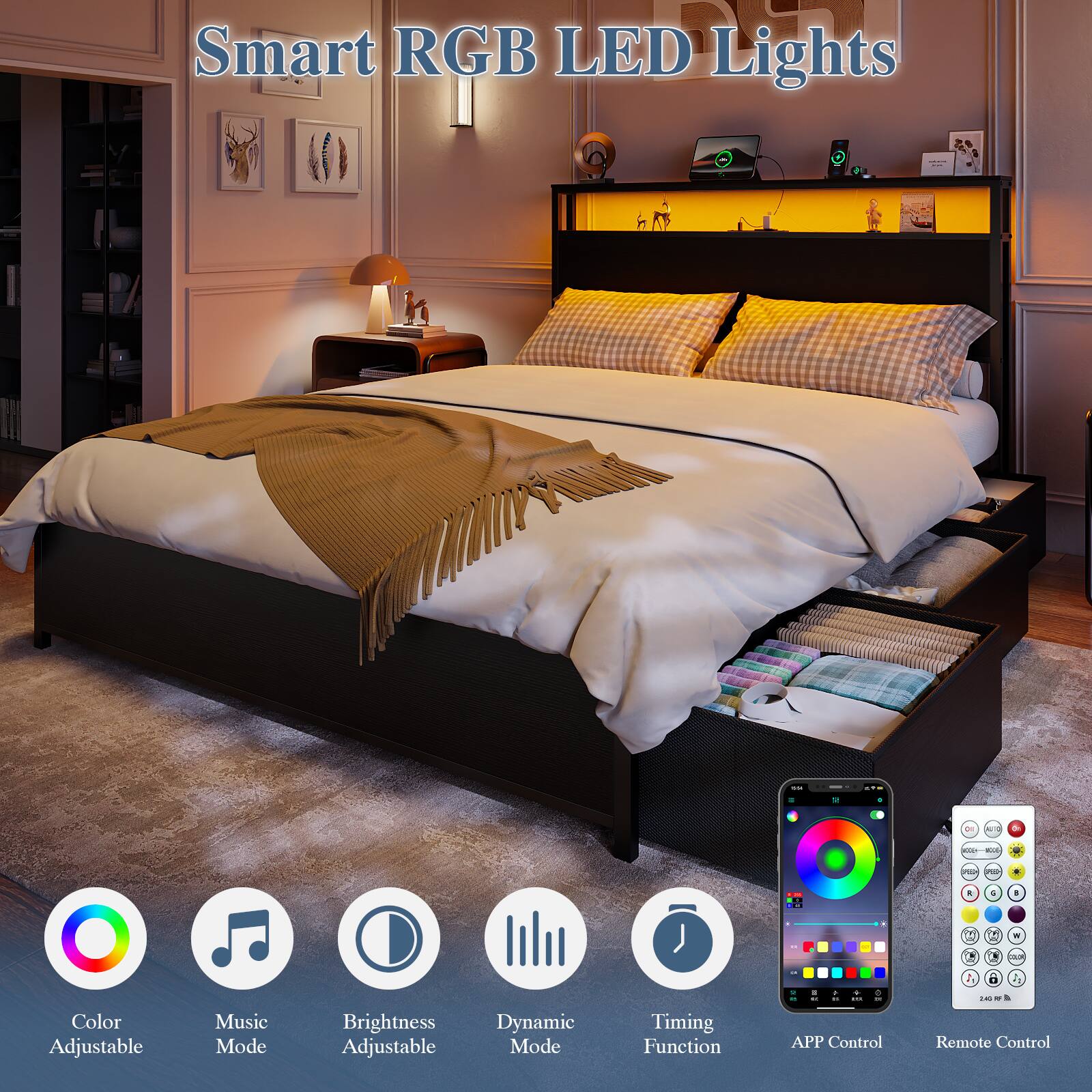 Smart RGB LED Lights

- Color Adjustable
- Music Mode
- Brightness Adjustable
- Dynamic Mode
- Timing Function
- APP Control
- Remote Control