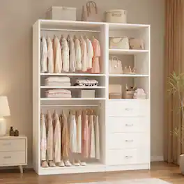 Aheaplus - 57.3'' W 2-Piece Closet Organizer System with Drawers and Hanging Rods - White