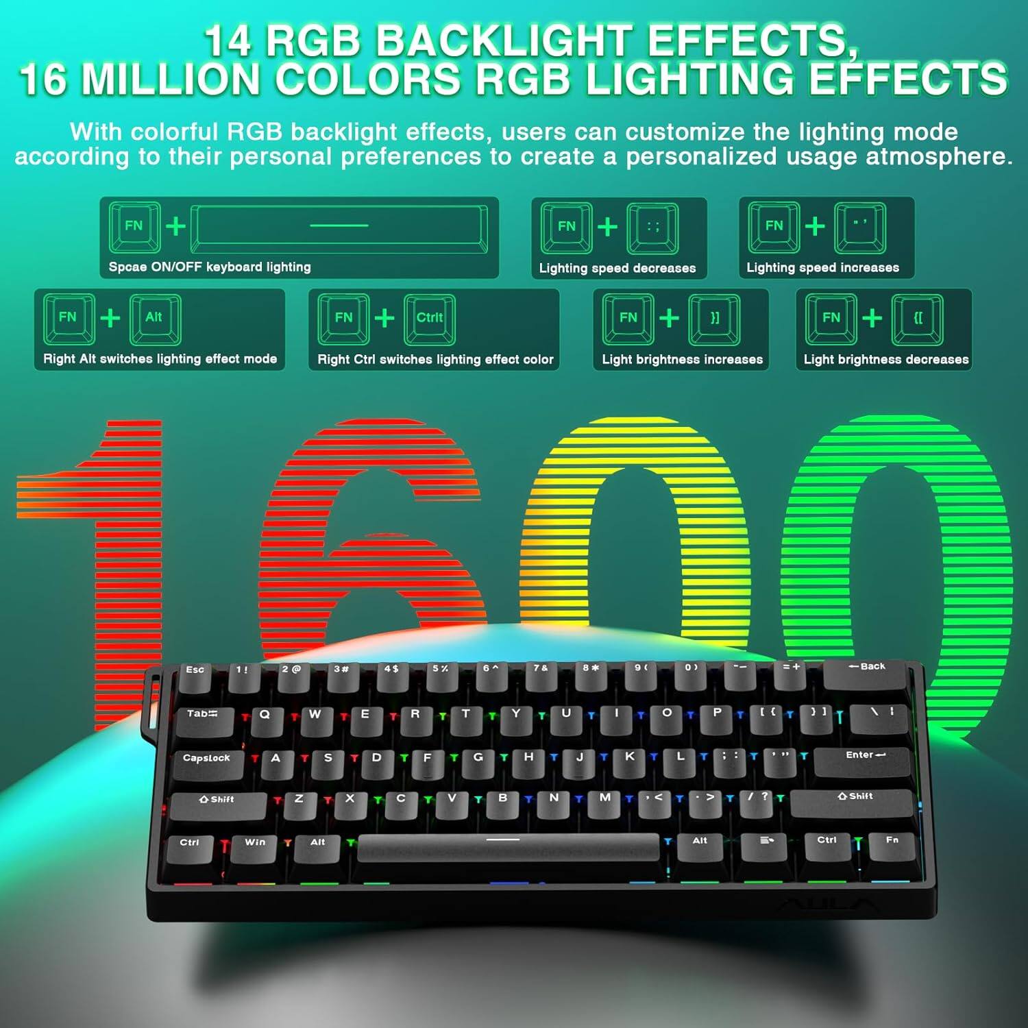 14 RGB BACKLIGHT EFFECTS, 16 MILLION COLORS RGB LIGHTING EFFECTS

With colorful RGB backlight effects, users can customize the lighting mode according to their personal preferences to create a personalized usage atmosphere.

- FN + Space ON/OFF keyboard lighting
- FN + Alt Right Alt switches lighting effect mode
- FN + Ctrl Right Ctrl switches lighting effect color
- FN + : Lighting speed decreases
- FN + ; Lighting speed increases
- FN + ] Light brightness increases
- FN + [ Light brightness decreases

Esc 1 2 3 4 5 6 7 8 9 0 - = Backspace
Tab Q W E R T Y U I O P [ ] \
Capslock A S D F G H J K L ; ' Enter
Shift Z X C V B N M , . / Shift
Ctrl Win Alt Spacebar Alt Ctrl Fn