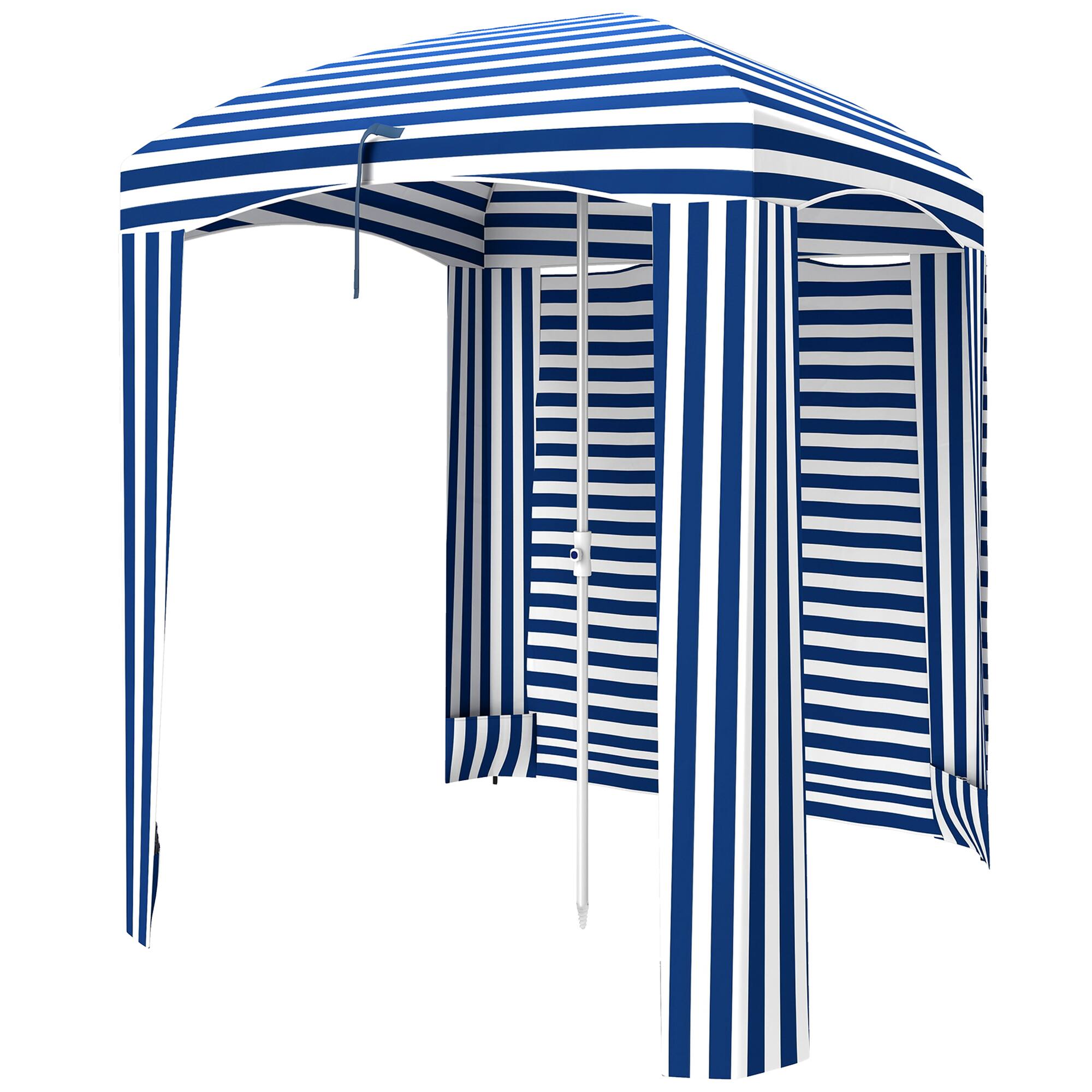 Front. Outsunny - x 5.8' Cabana Umbrella with Walls, Vents, Ruffles, Carry Bag, Beach Umbrella - Blue White Strip.