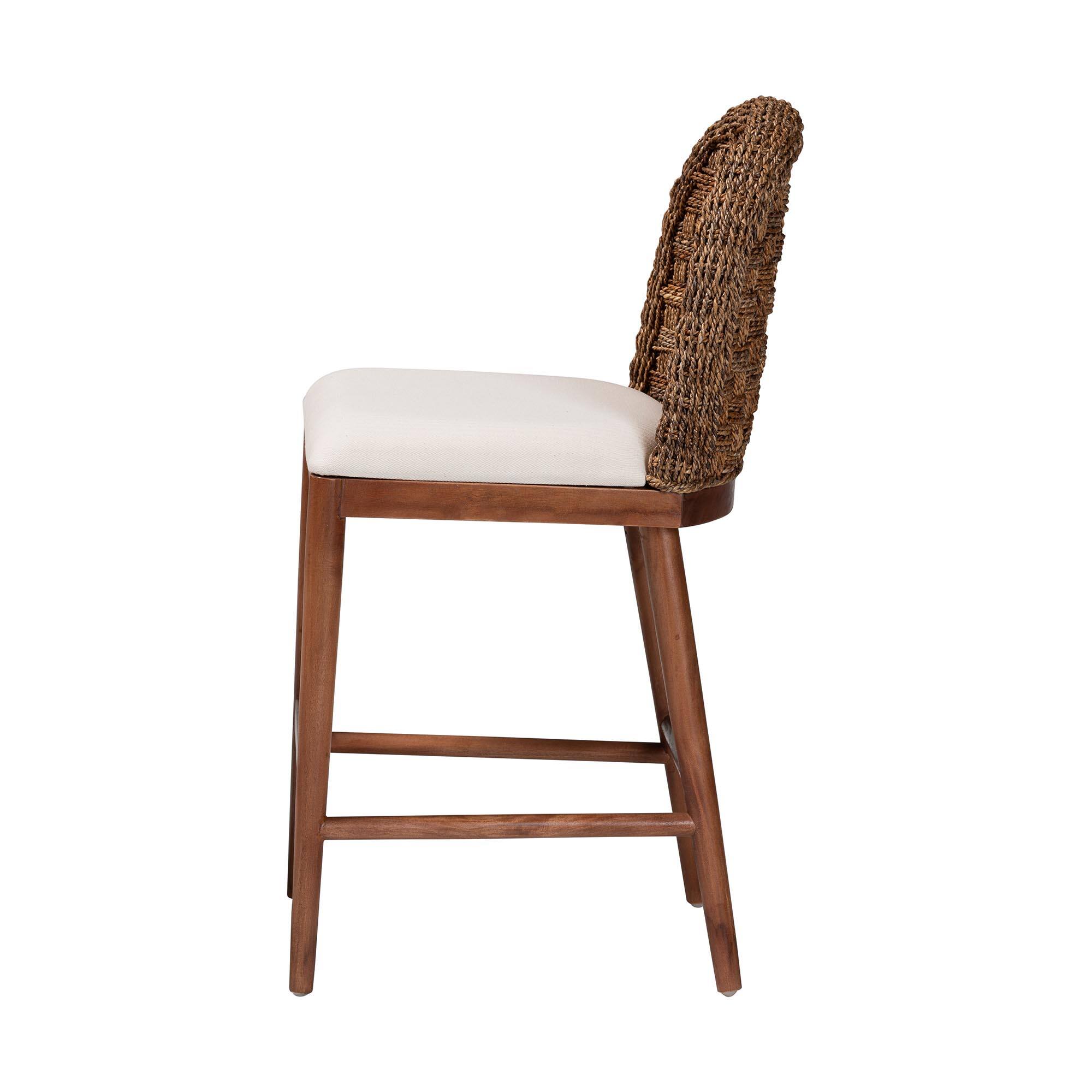 Back. bali & pari - Denver Modern Bohemian Walnut Finished Acacia Wood and Seagrass Counter Stool - White/Walnut Brown.