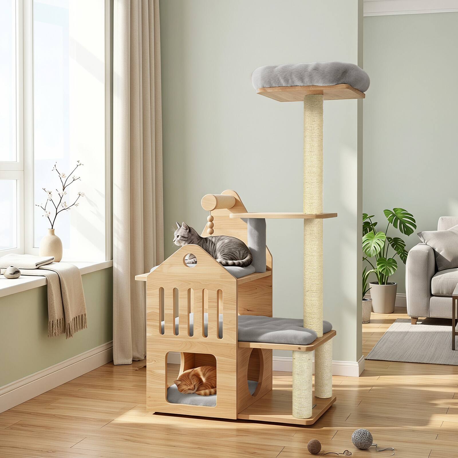 Alt View 1. Gymax - Gymax 48.5''Multi-Level Solid Wood Cat Tree Padded Top Perch Cat Condo Wooden Balls Natural & Grey - Gray.
